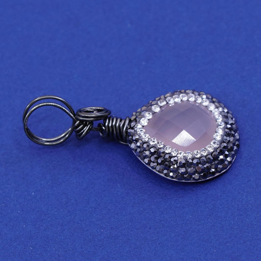 Vintage Sterling 925 silver handmade pendant with pink Quartz and cluster Cz