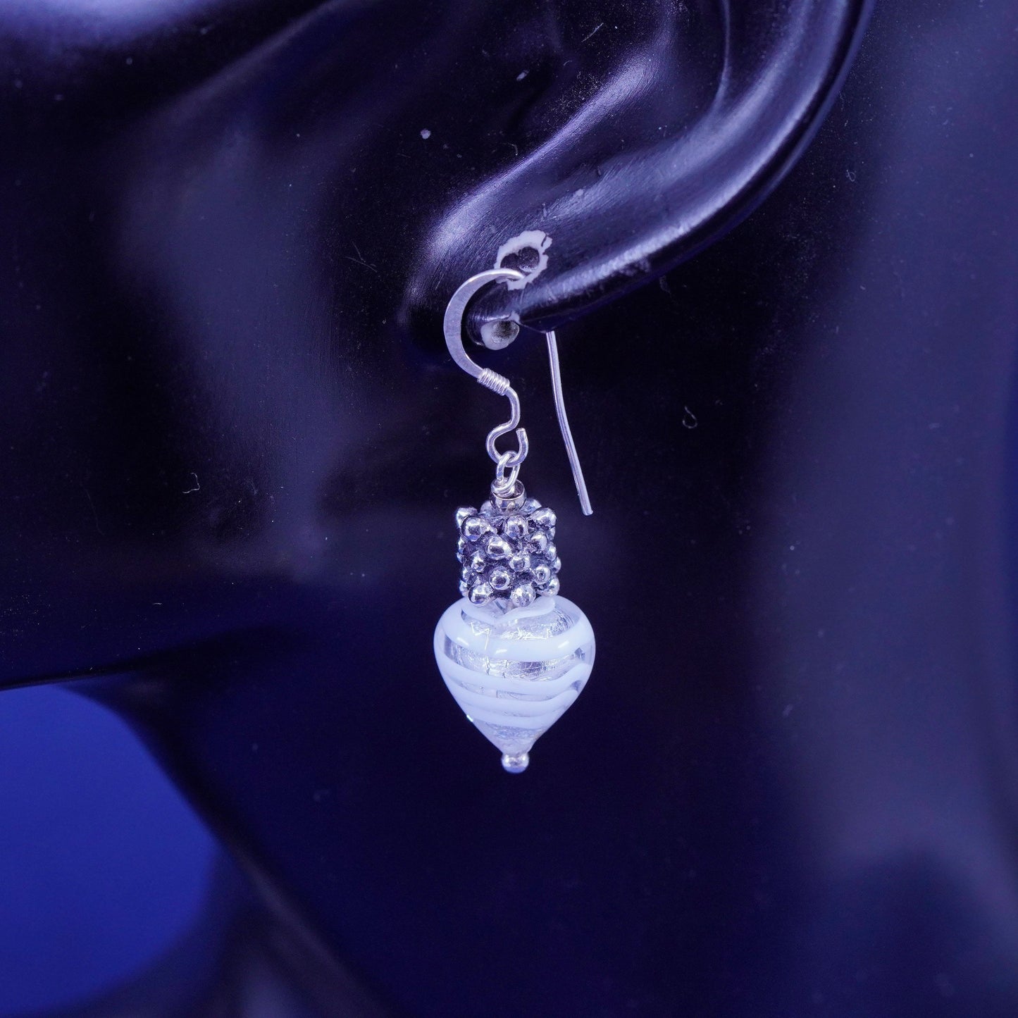 Vintage Sterling silver handmade earrings, 925 beads with glass heart Dangles