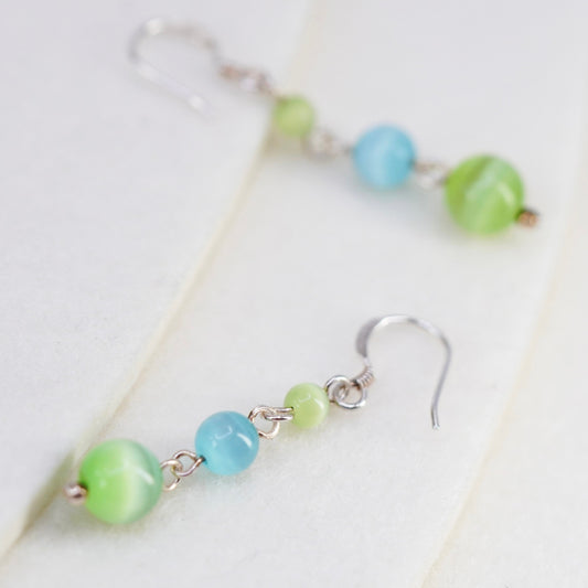 Vintage Sterling 925 silver teardrop earrings with green cats eye beads