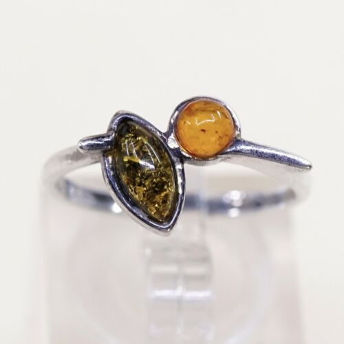 Sz 7.25, Orangle Amber Cabochon Sterling Silver Solitaire Ring, Stamped 925