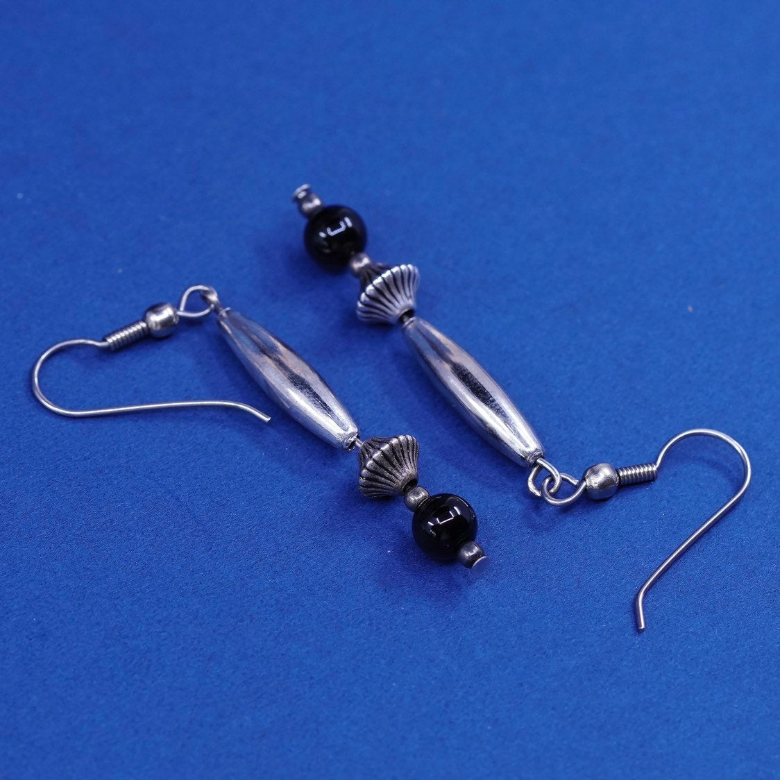 Silver Tone handmade earrings with obsidian beads dangle