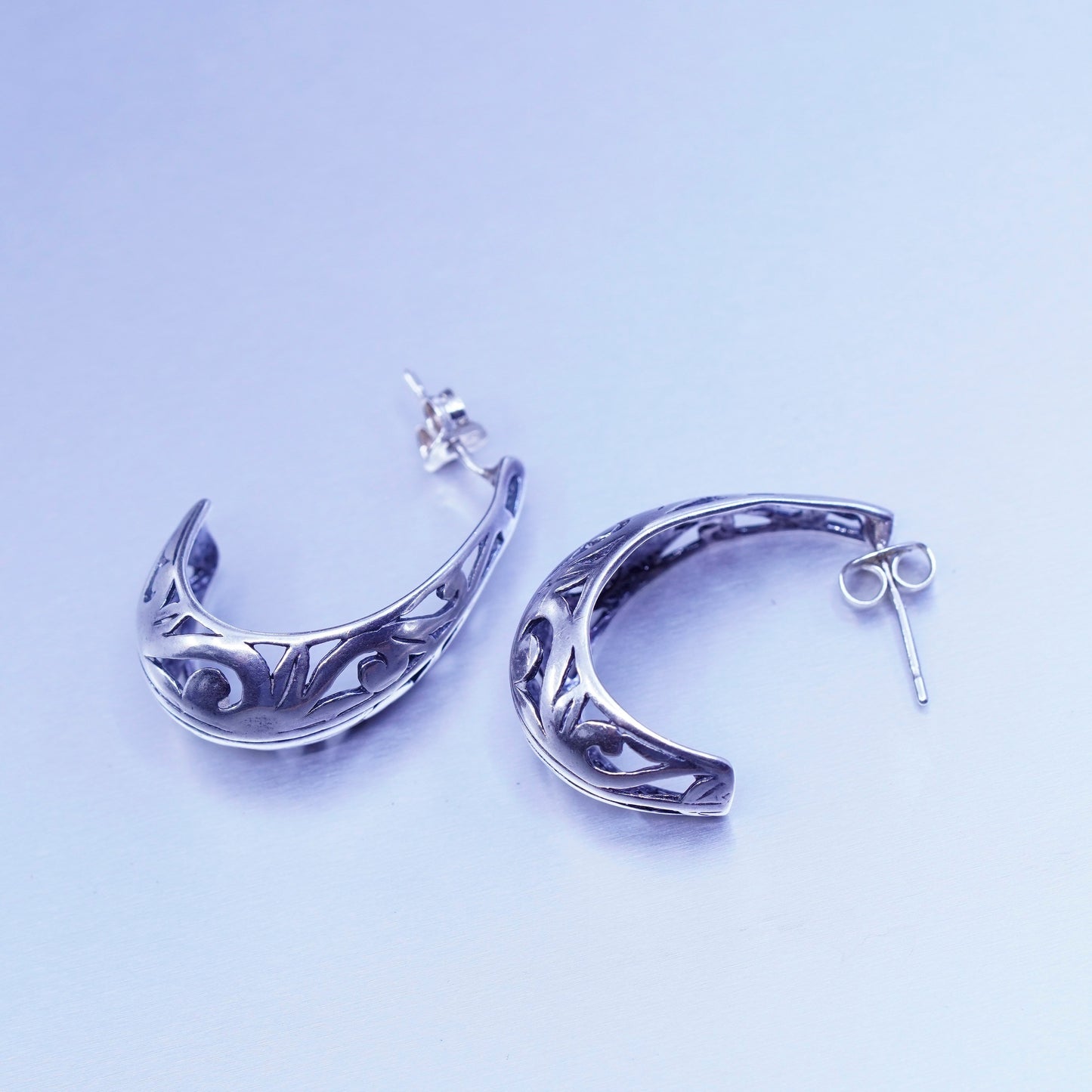 1”, vintage Sterling silver handmade earrings, 925 filigree Huggie hoops