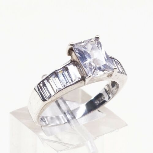 Sz 7.5, Vtg Sterling Silver Ring, 925 Silver Engagement Ring W/ Crystal