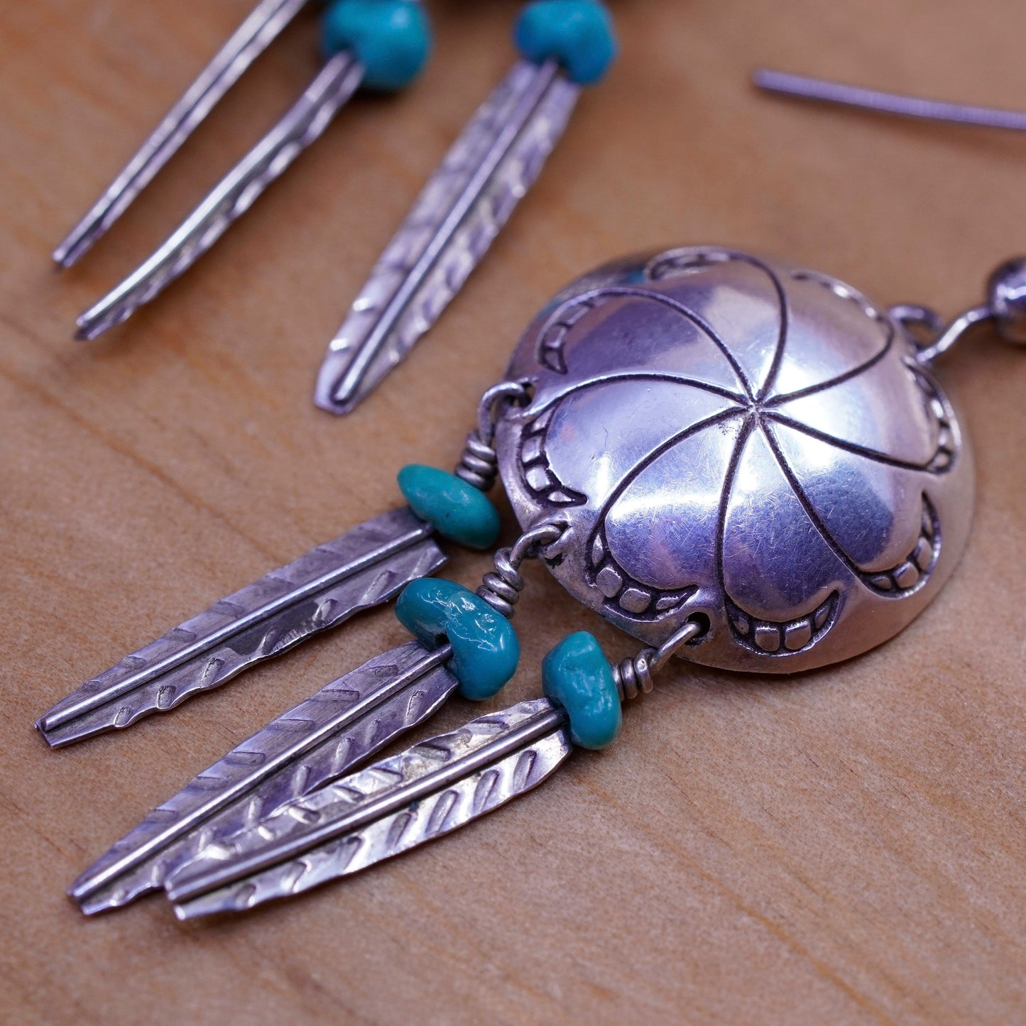 Vintage Sterling 925 silver handmade disc earrings with turquoise and feather