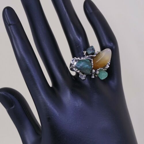 Sz Adjustable, Vtg Navajo Sterling 925 Silver W/ Turquoise Jade Ring, Silver Tes