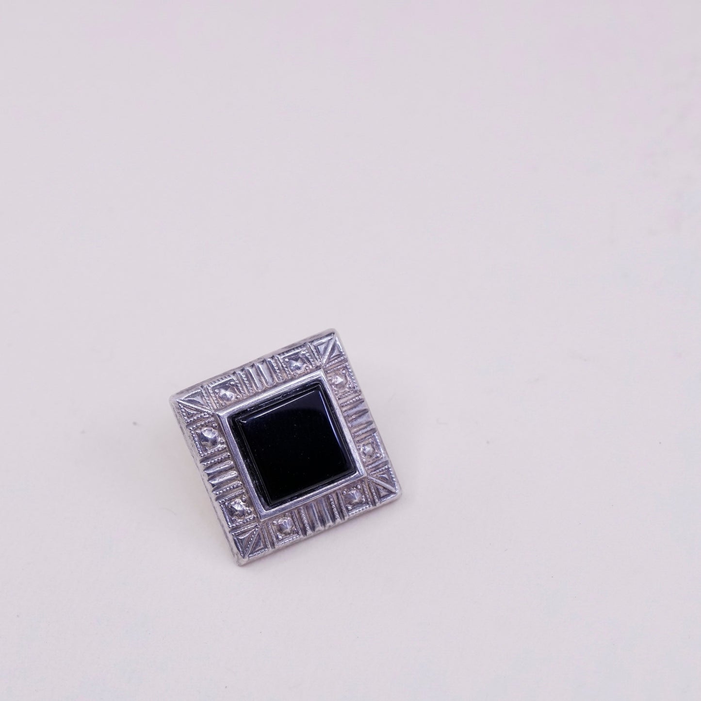 Vintage Sterling silver handmade earrings, Modern 925 stud with square obsidian