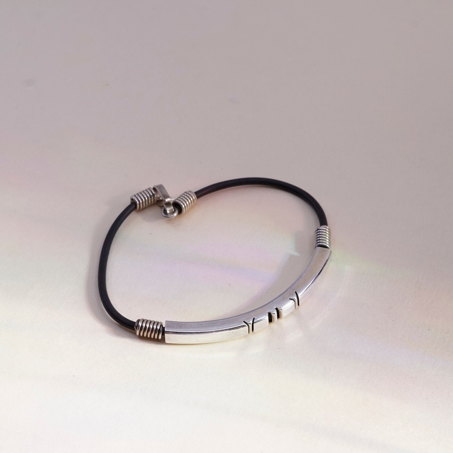 7.25”, Vintage black rubber chain with sterling 925 silver bar,