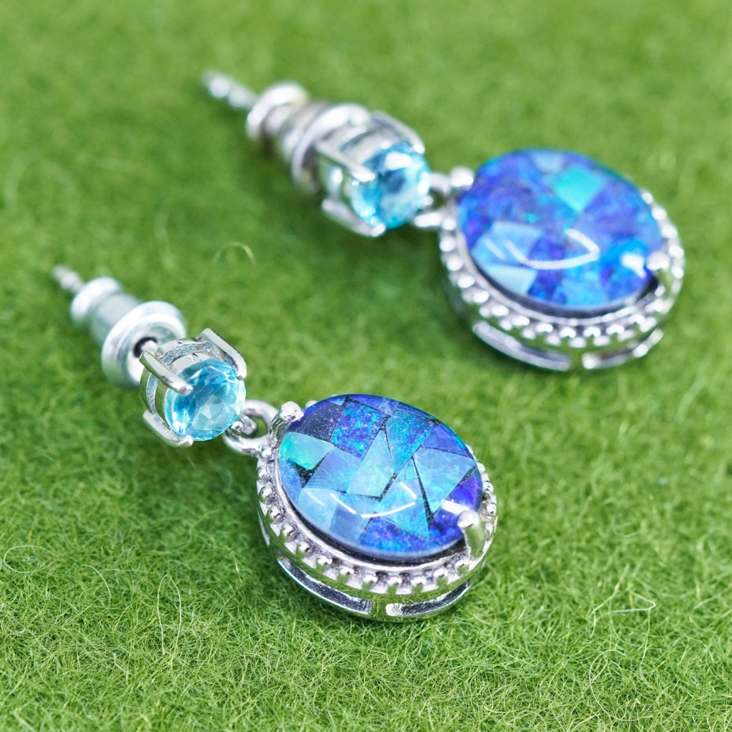 Vintage Sterling silver handmade earrings, oval dangles with opal and topaz
