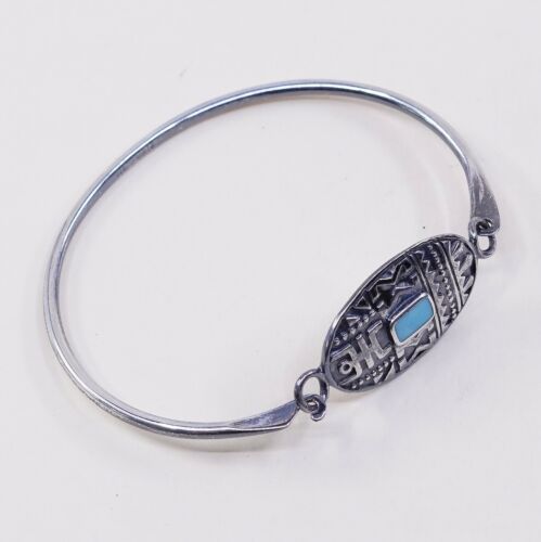 6.5”, Vtg Mexico Sterling Silver Hinged Bangle, 925 Bracelet W/ Turquoise