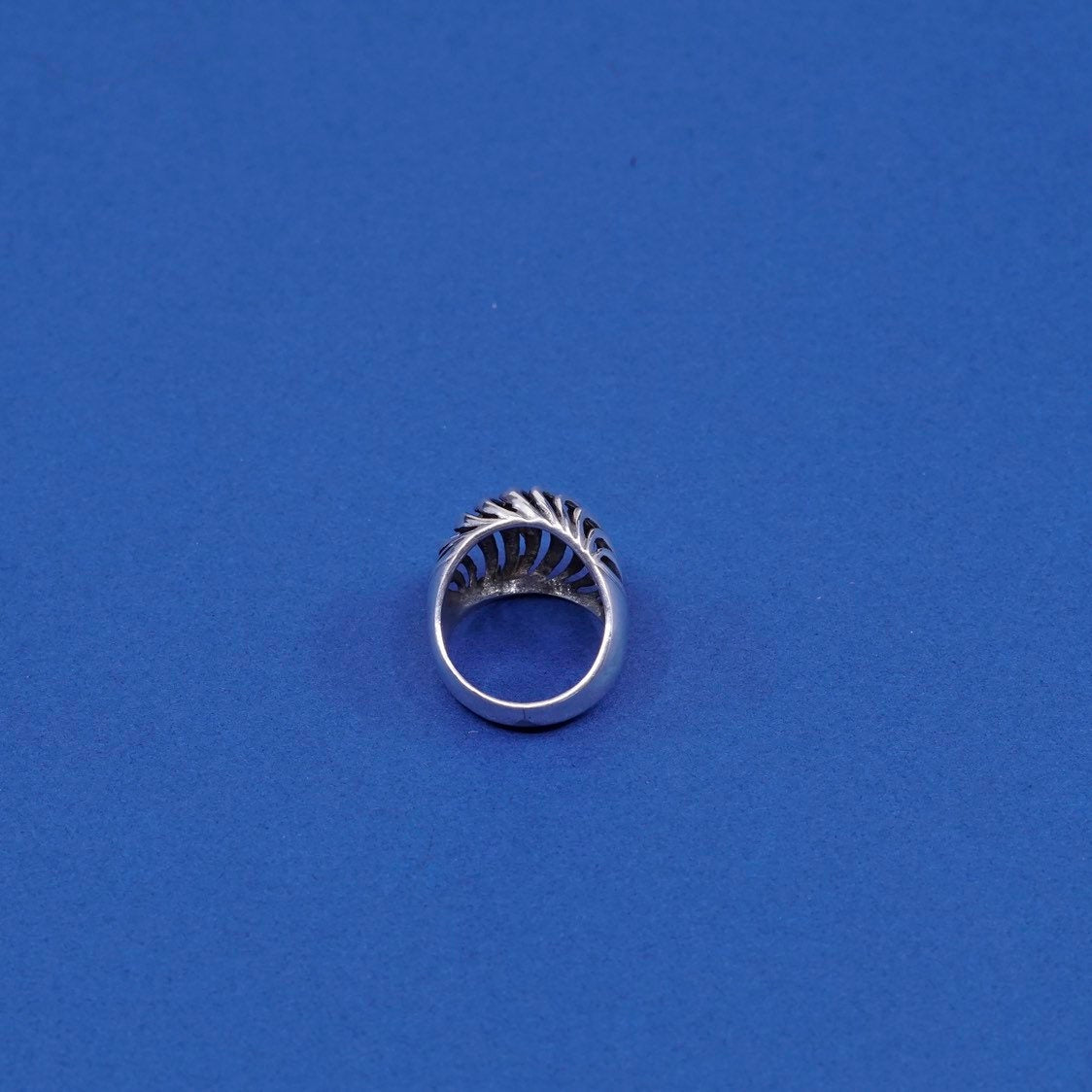 sz 4.75, vtg Sterling silver handmade ribbed ring, 925 statement ring w/ wave
