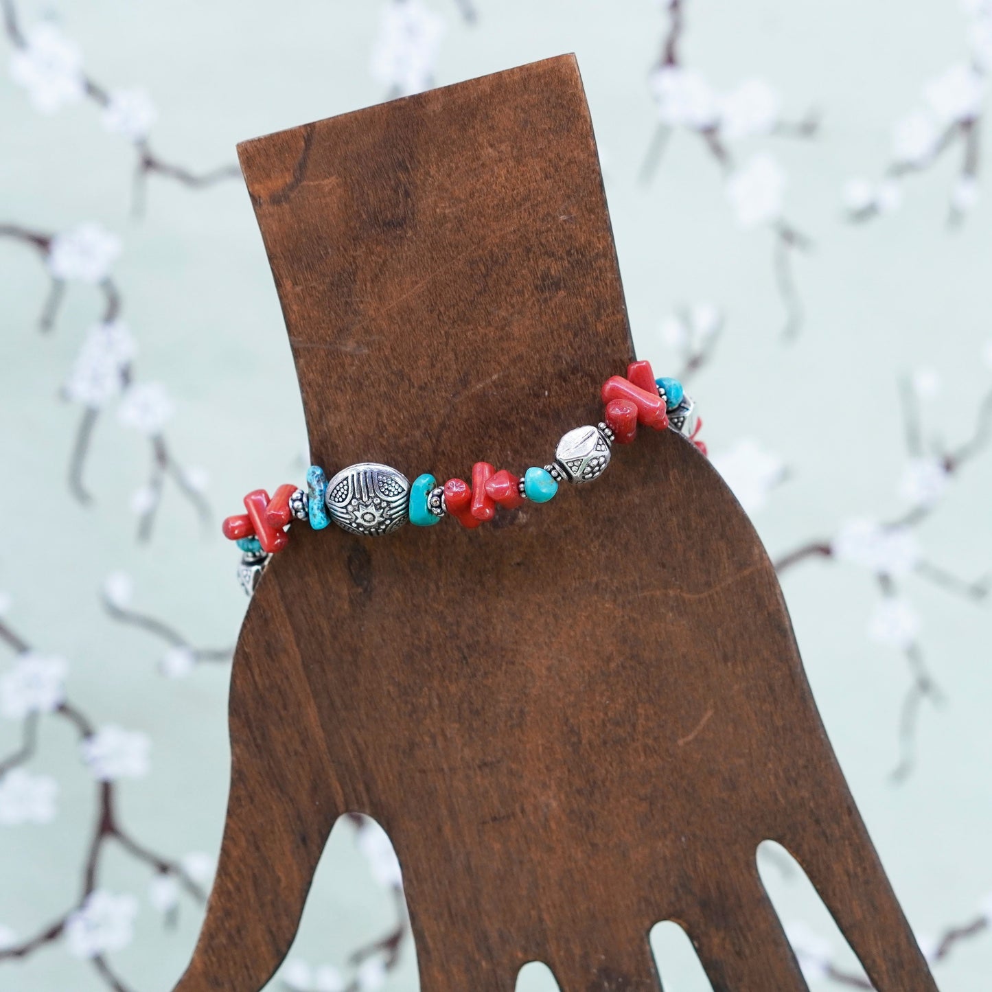 7+0.5”, southwestern Sterling 925 silver bracelet with turquoise coral beads
