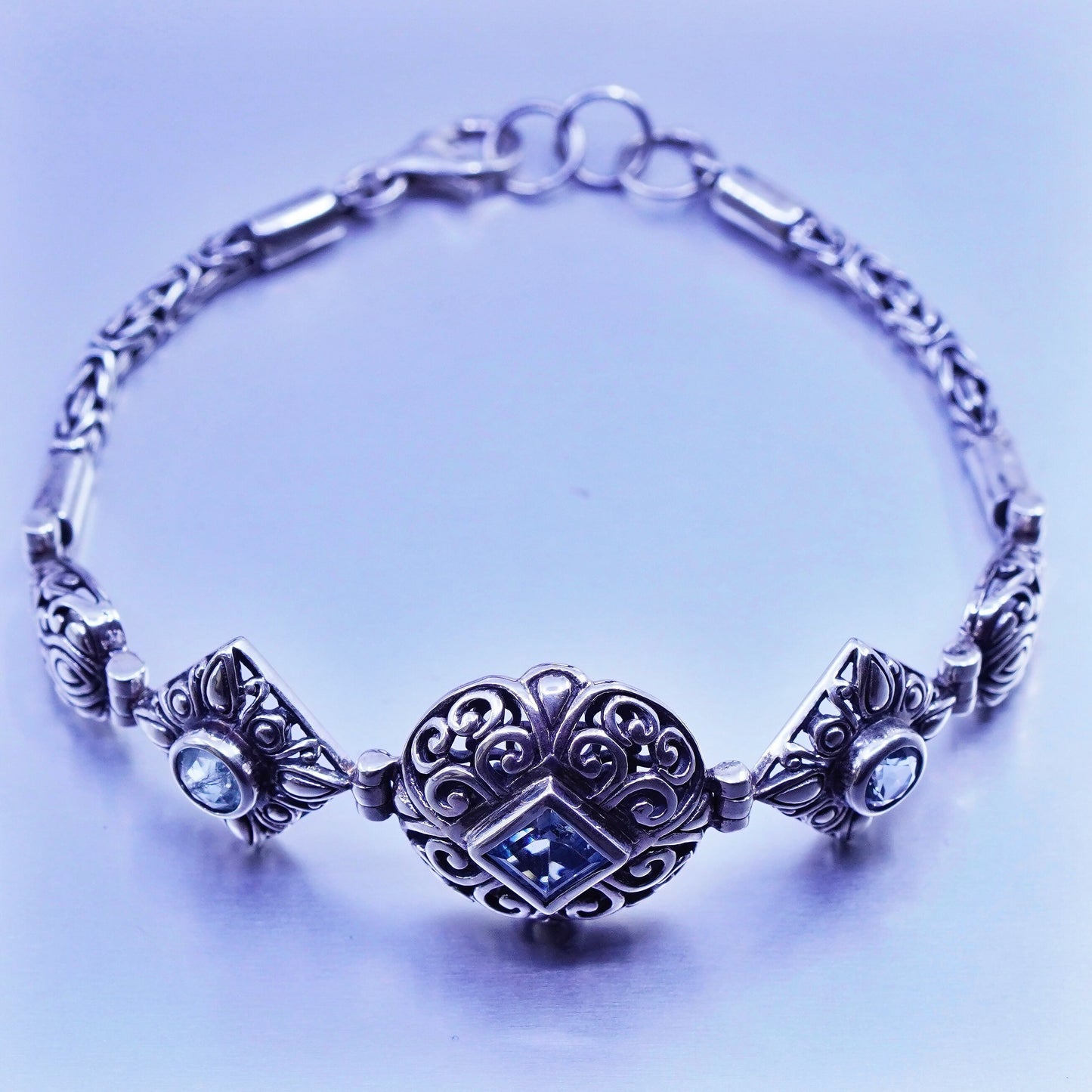 7.25”, Vintage NF Sterling 925 silver handmade bracelet, Bali chain with topaz