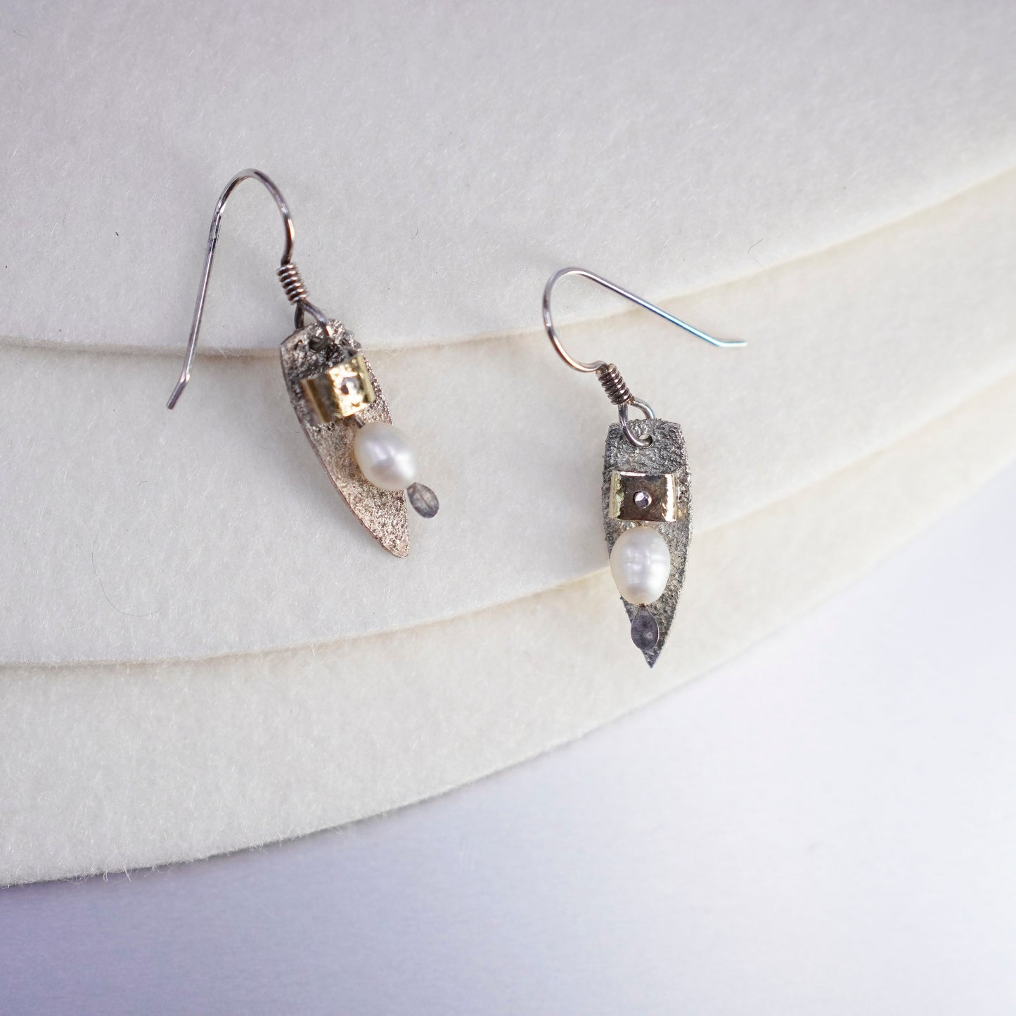 Vintage GLV two tone Sterling 925 silver handmade earrings w/ freshwater pearl