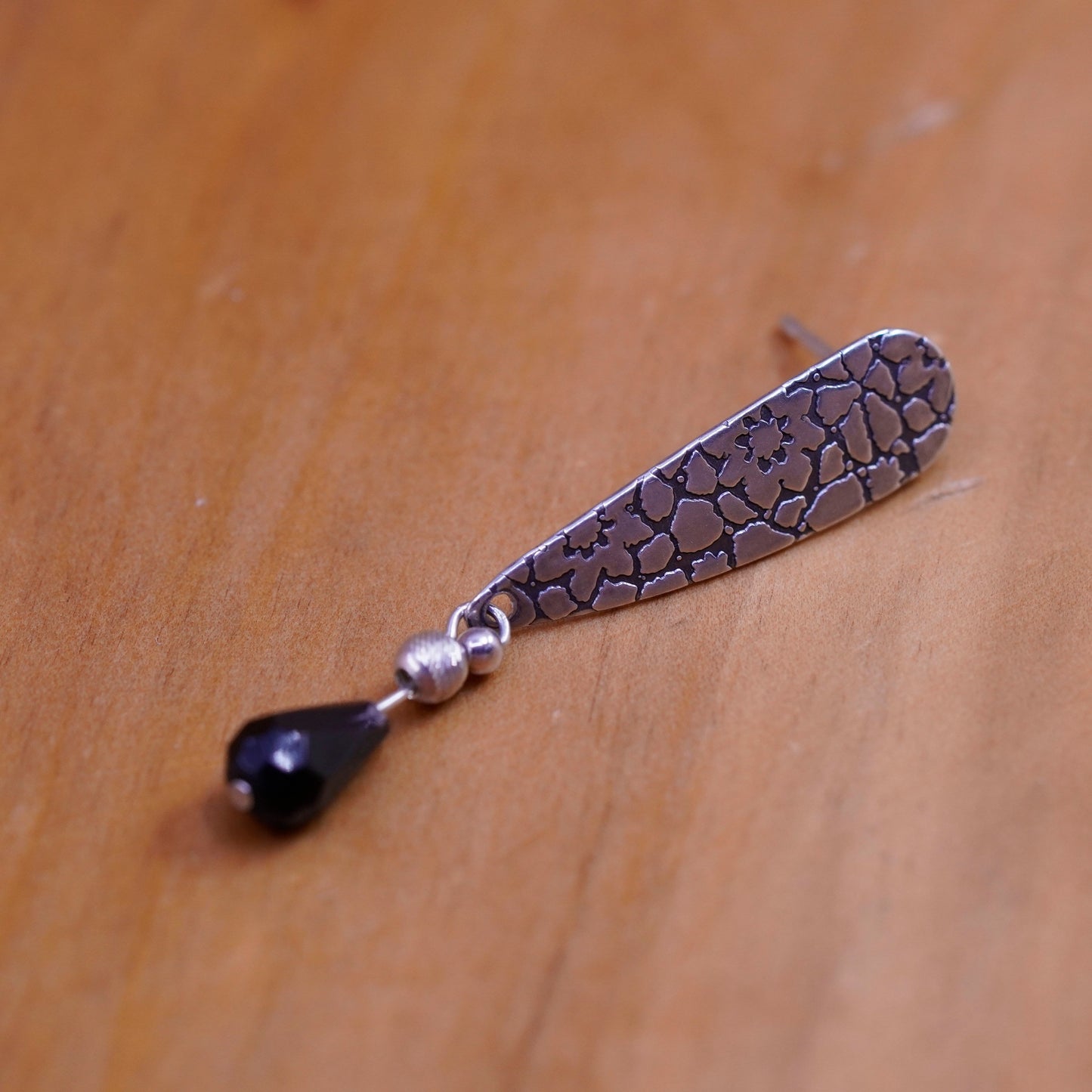 Vintage Sterling silver handmade earrings, textured 925 teardrop with obsidian