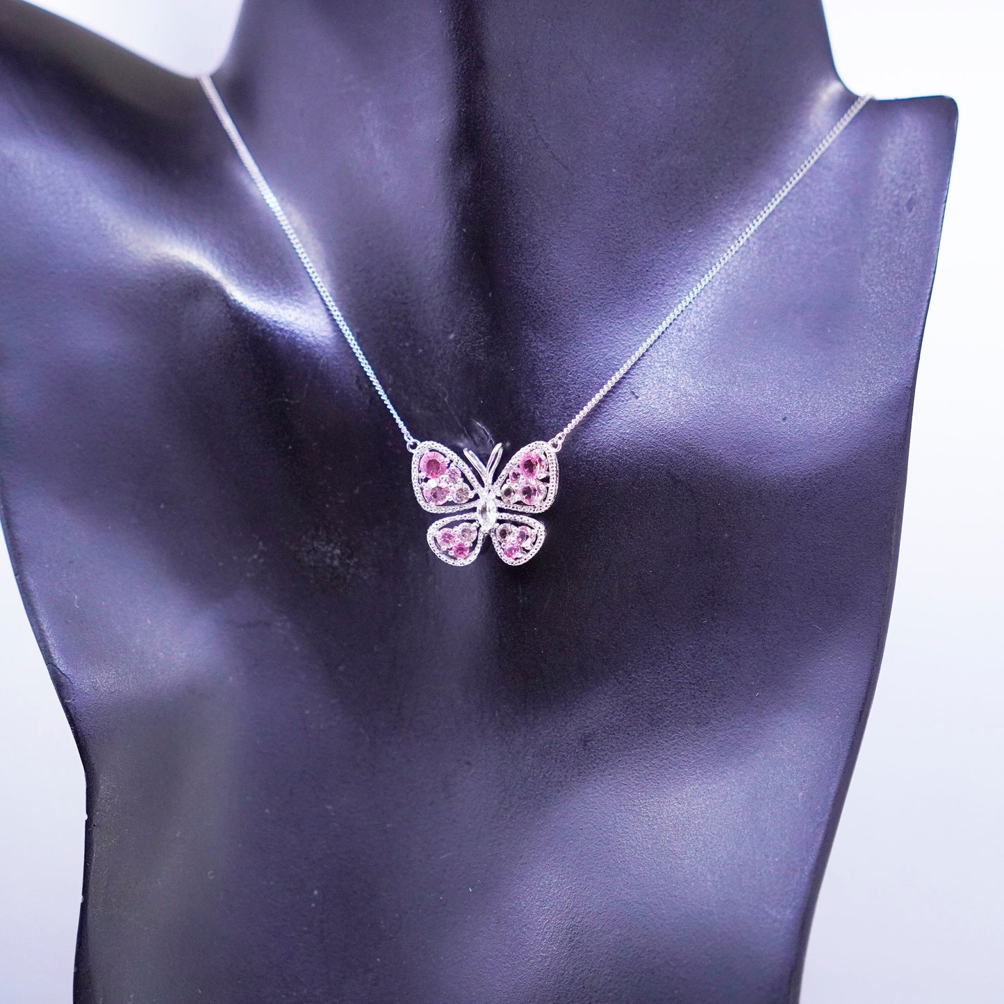 18”, Sterling 925 silver handmade flatten circle necklace butterfly pendant Cz