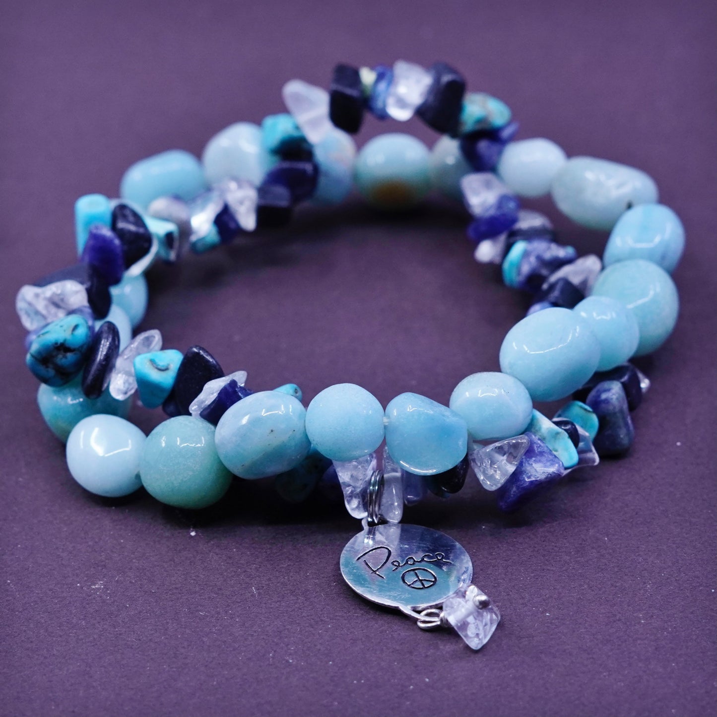 6.5”, jade turquoise beads bracelet with sterling 925 silver CND peace charm.