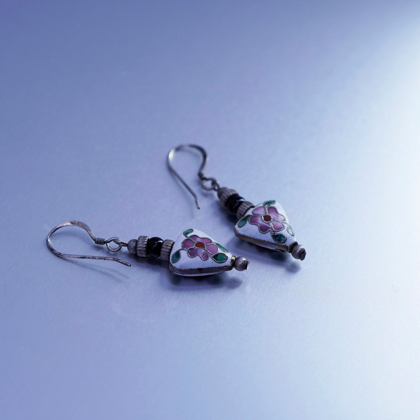 Vintage Sterling 925 silver handmade earrings with enamel flower