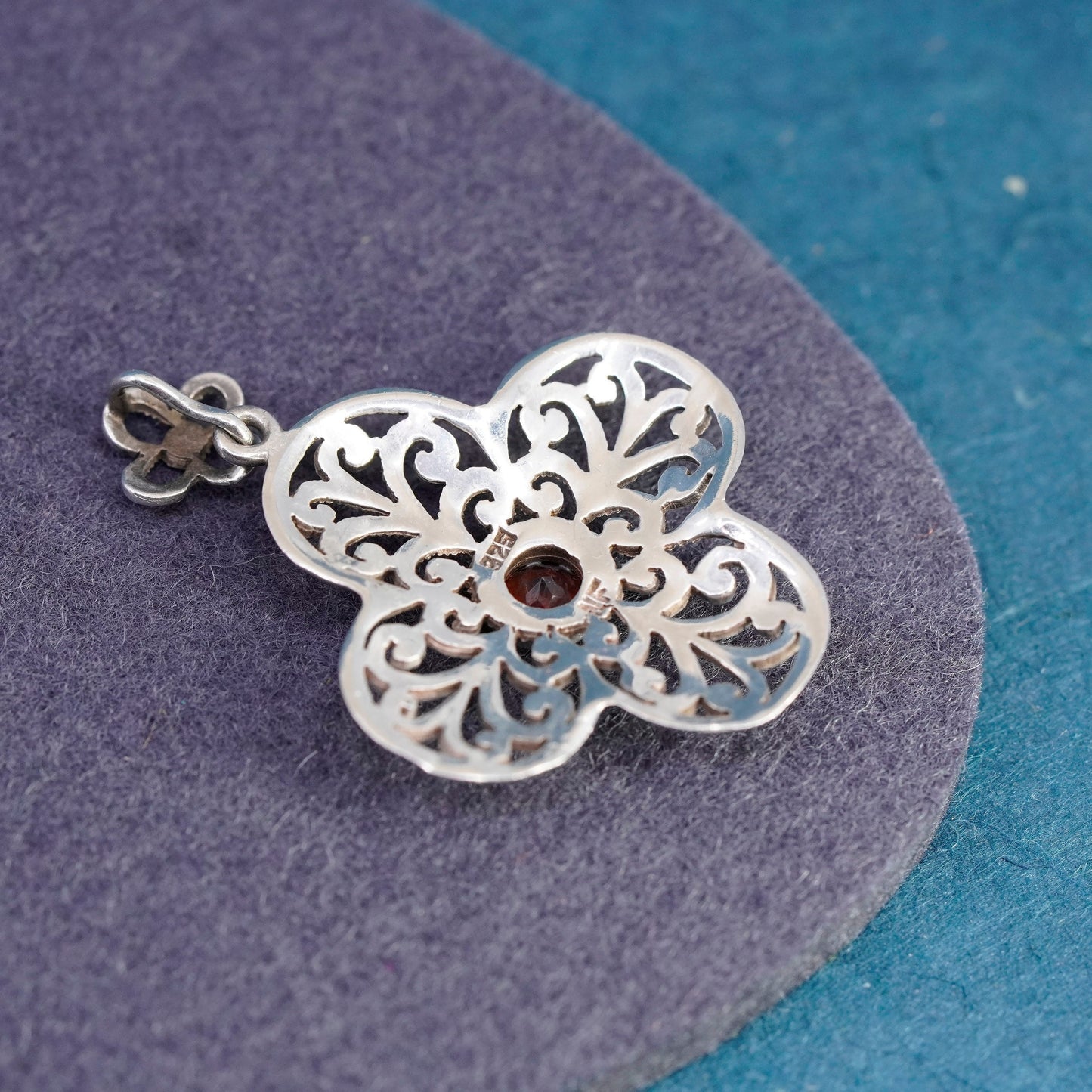 Vintage Sterling silver handmade pendant, 925 filigree lucky clover with ruby