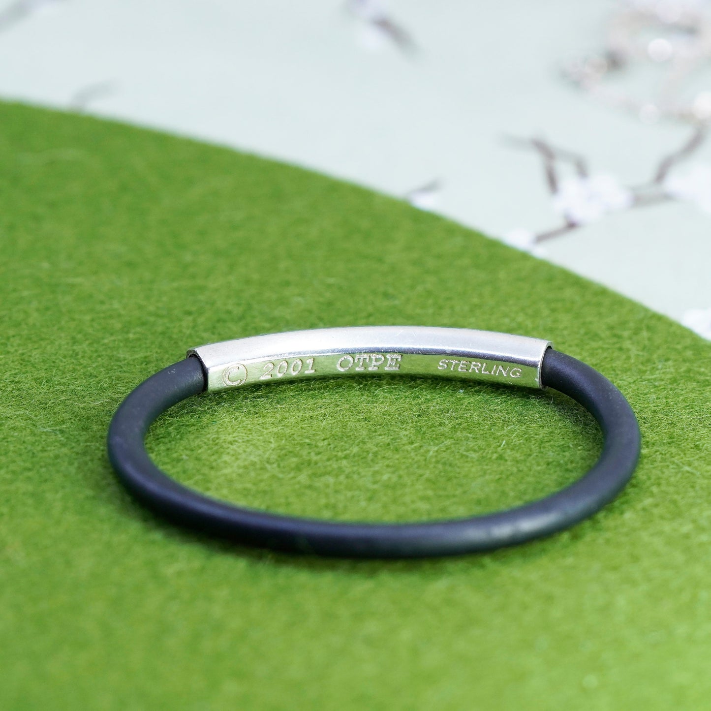 6.25”, black rubber bracelet with sterling 925 silver bar “own the power