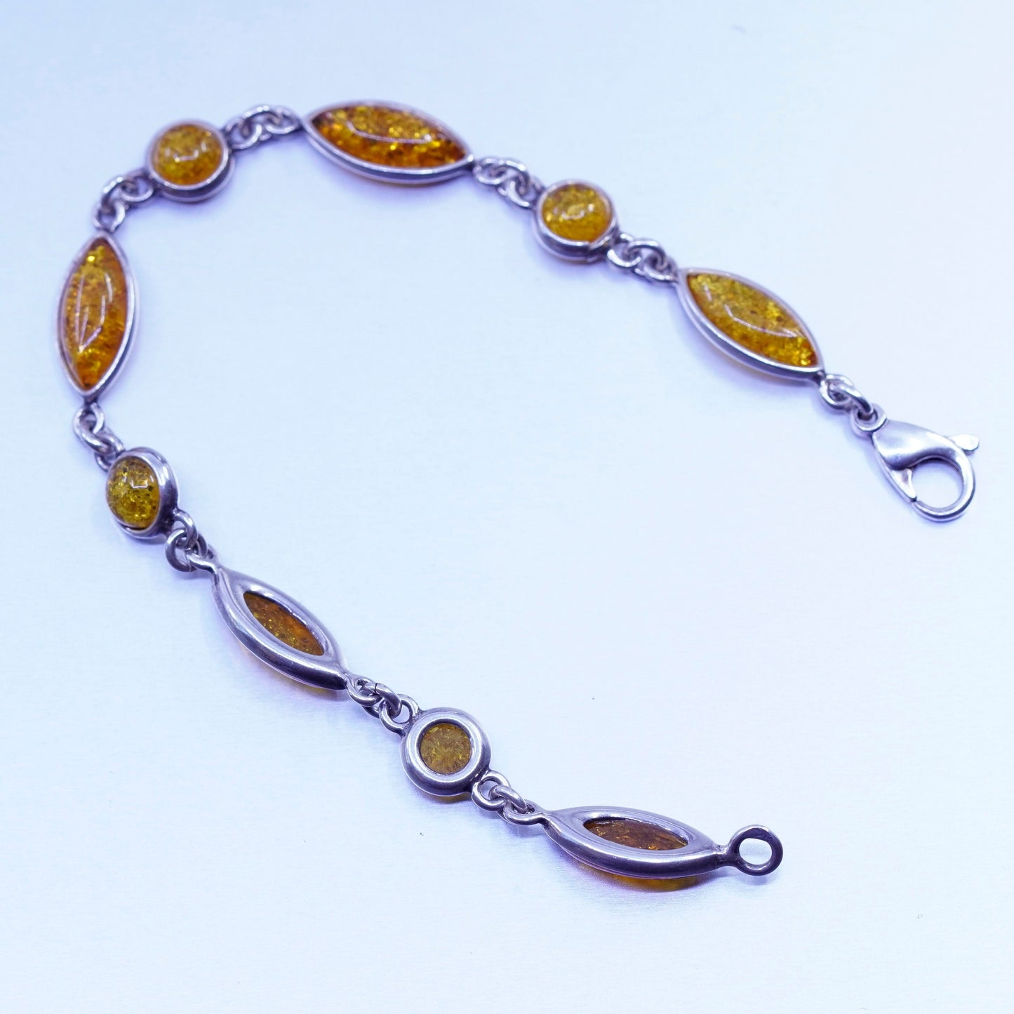 6.75”, Sterling 925 silver handmade tennis bracelet chain with marquise amber