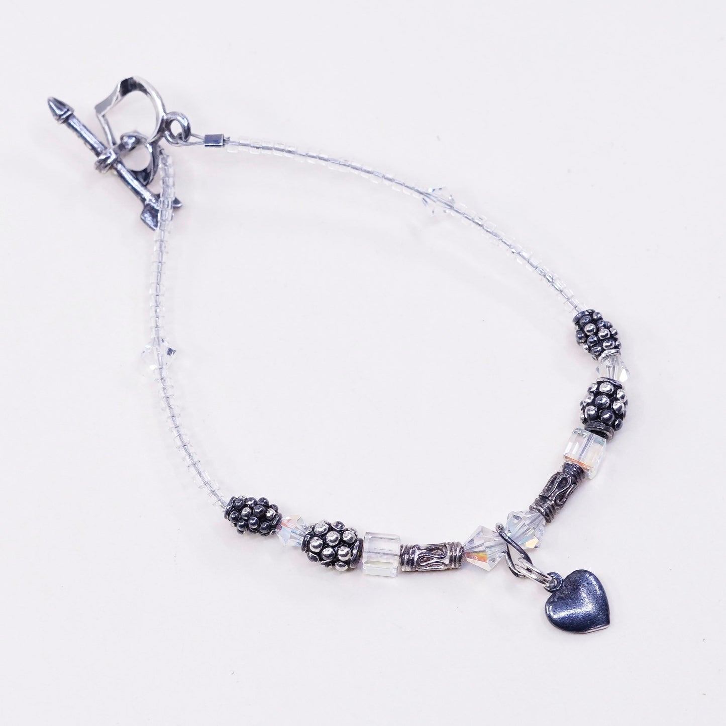 6.25”, Sterling silver handmade bracelet, 925 heart charm with clear crystal