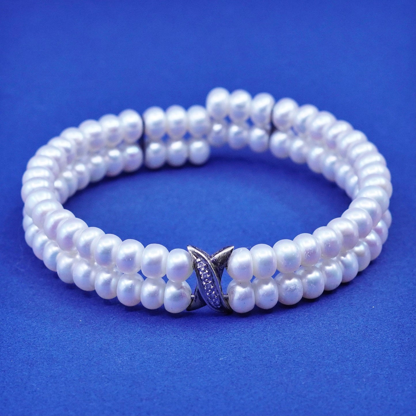 5.75”, vintage sterling silver handmade bracelet, 925 double pearl bangle