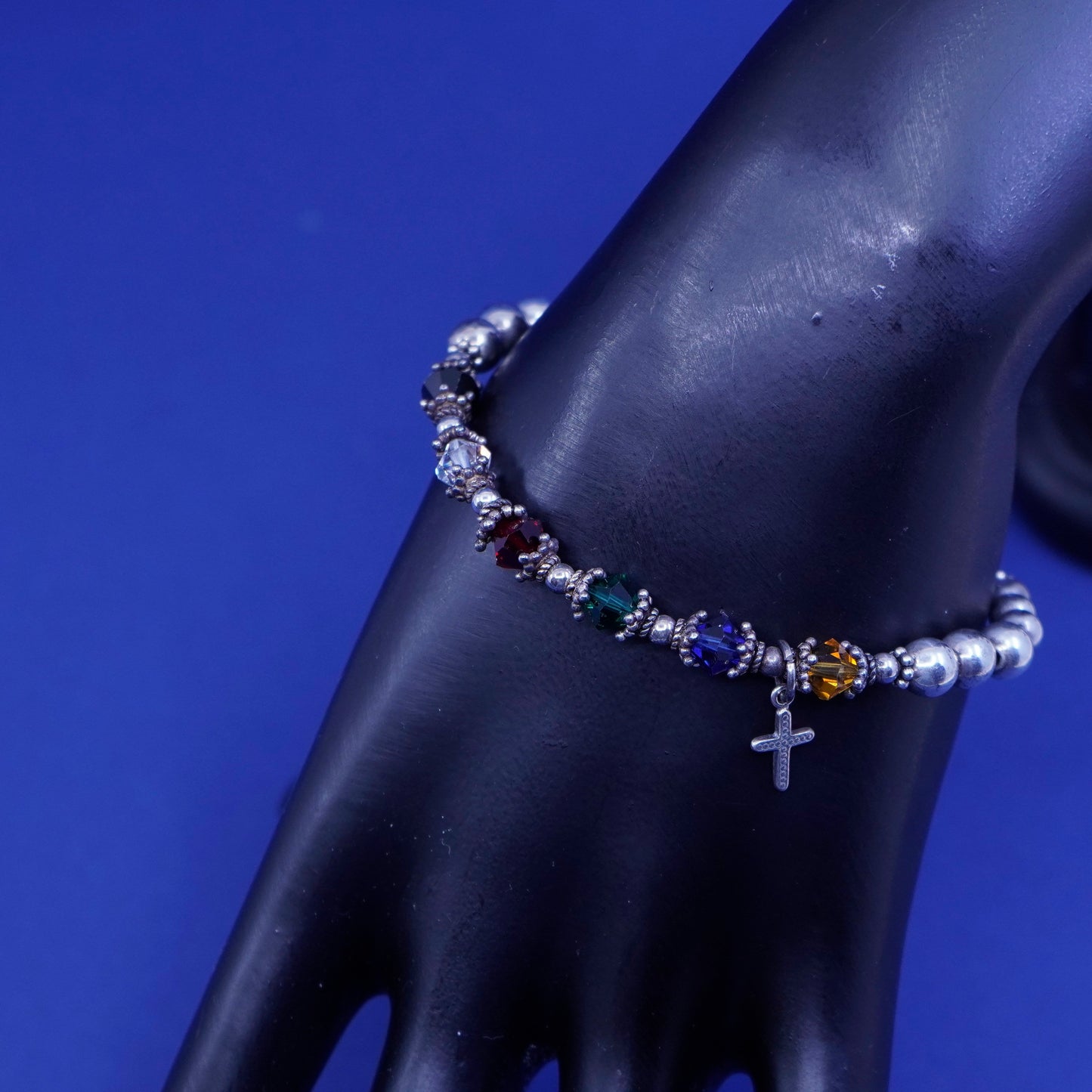 6.75”, vtg Sterling 925 silver handmade bracelet crystal beads with cross charm