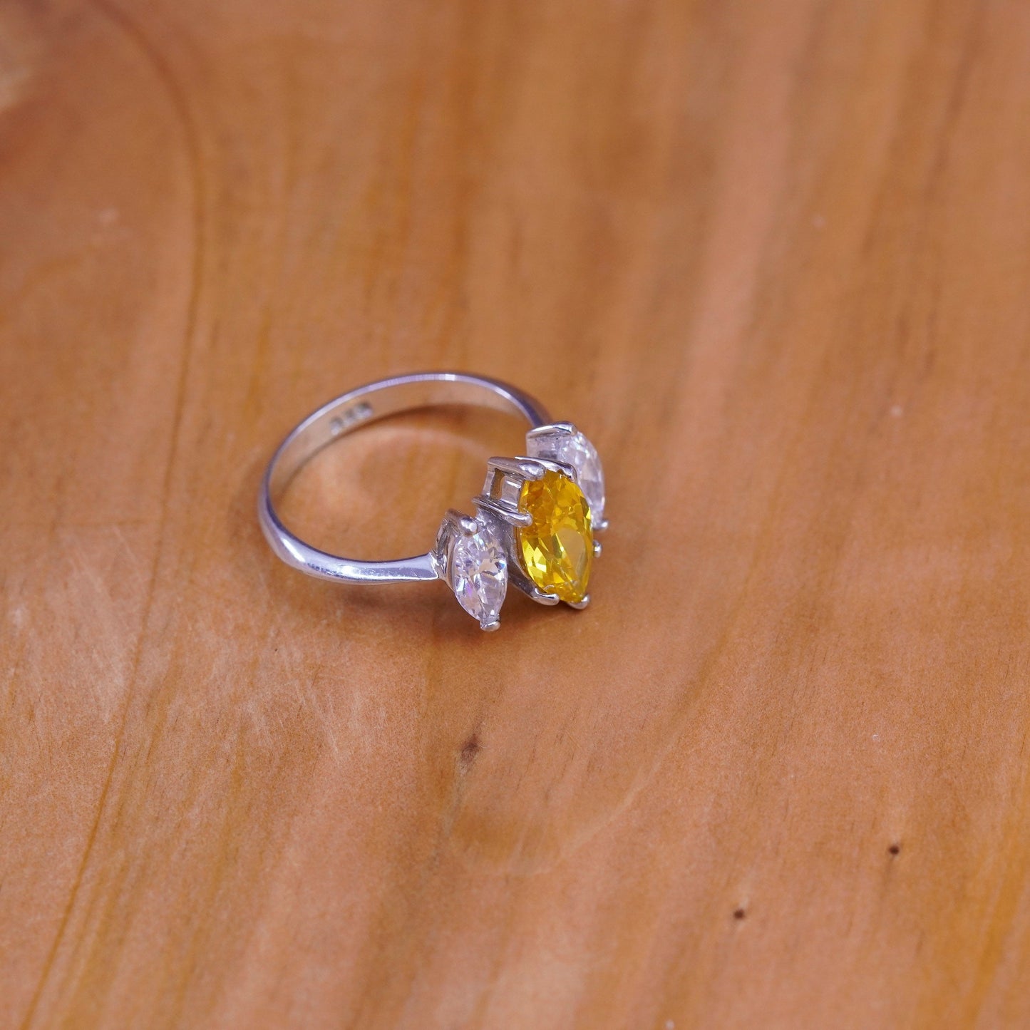Size 7.5, vintage Sterling 925 silver handmade ring marquise shaped citrine cz