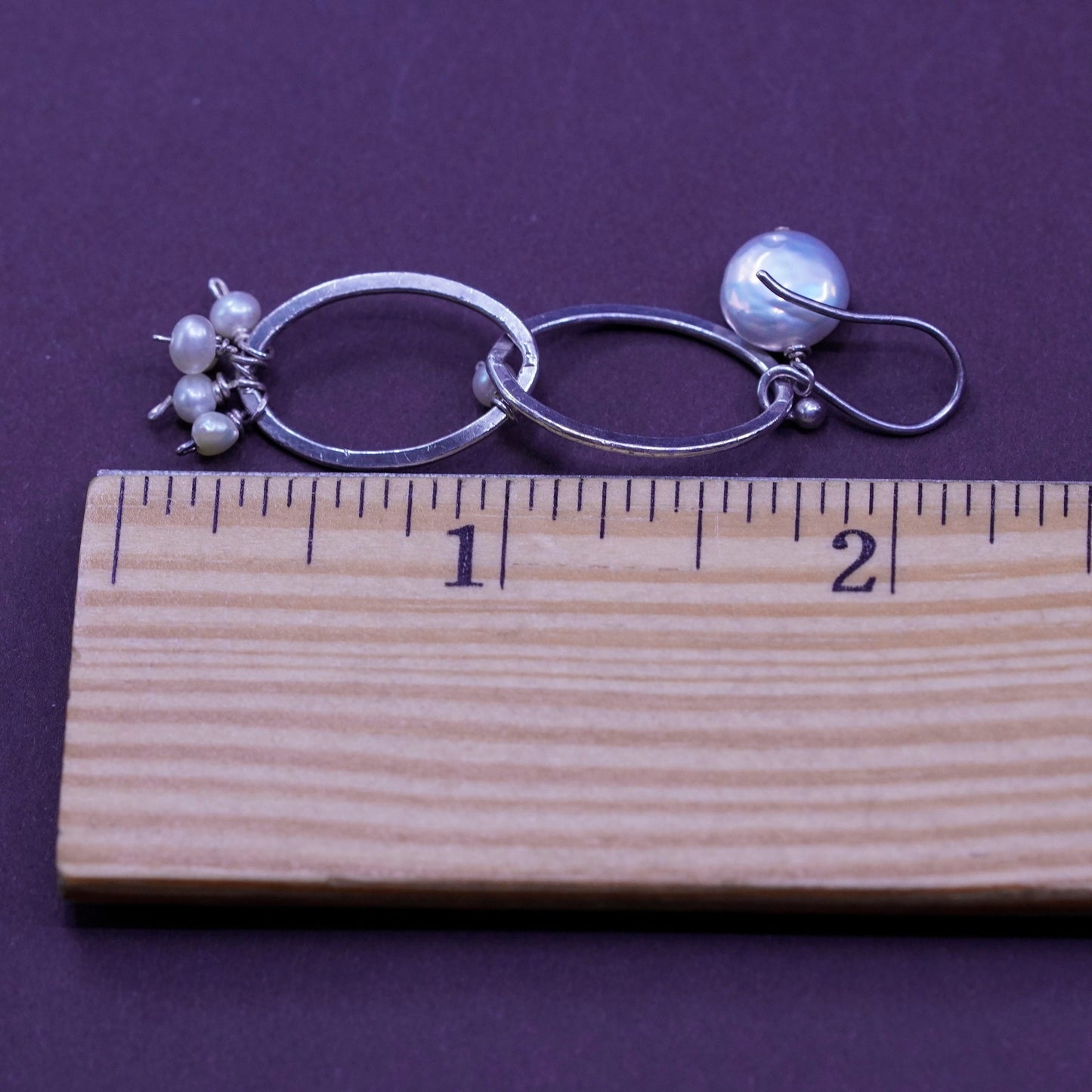Vintage Sterling 925 silver handmade oval earrings with cluster pearl