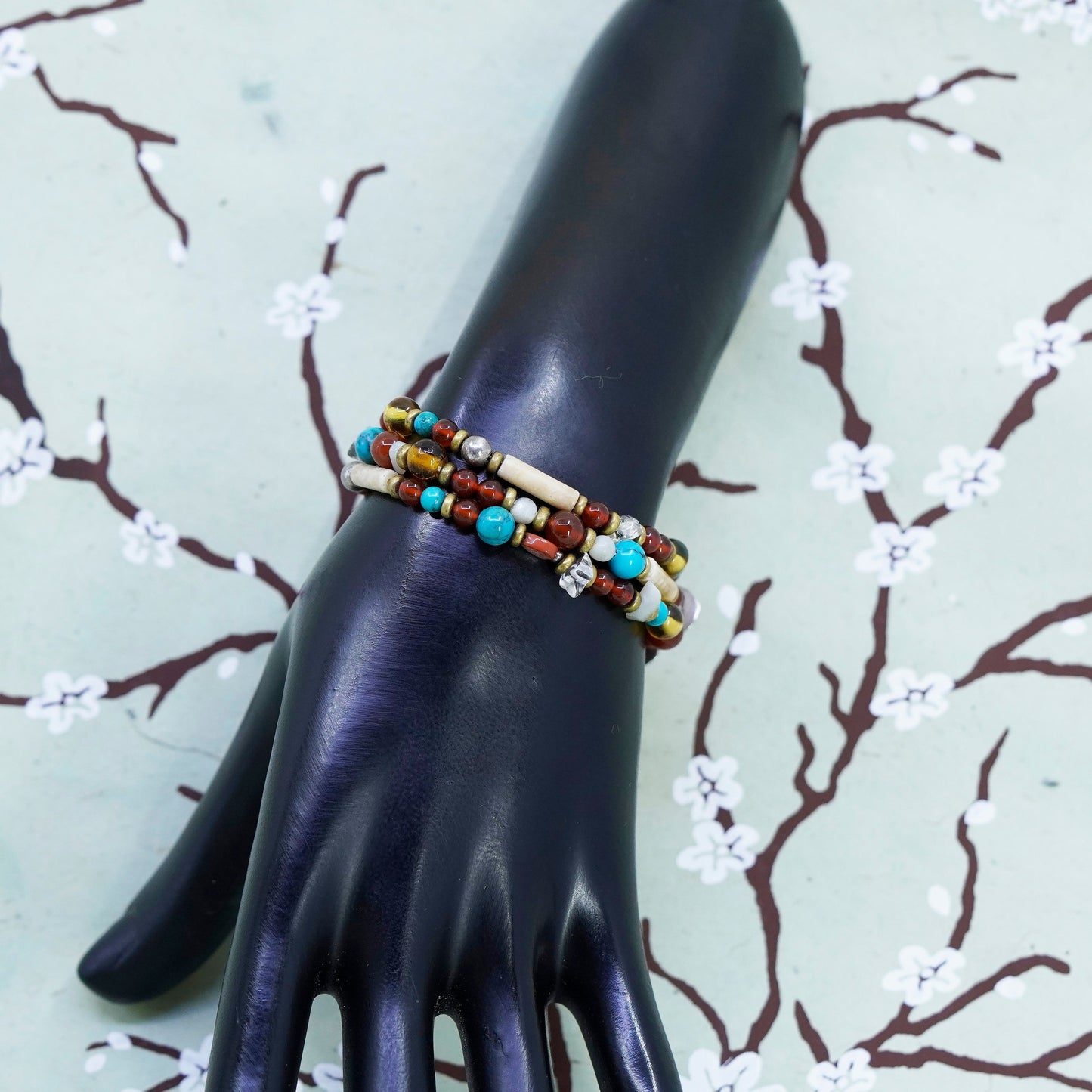 5.5+1”, southwestern 925 Sterling silver bracelet garnet beads jasper turquoise