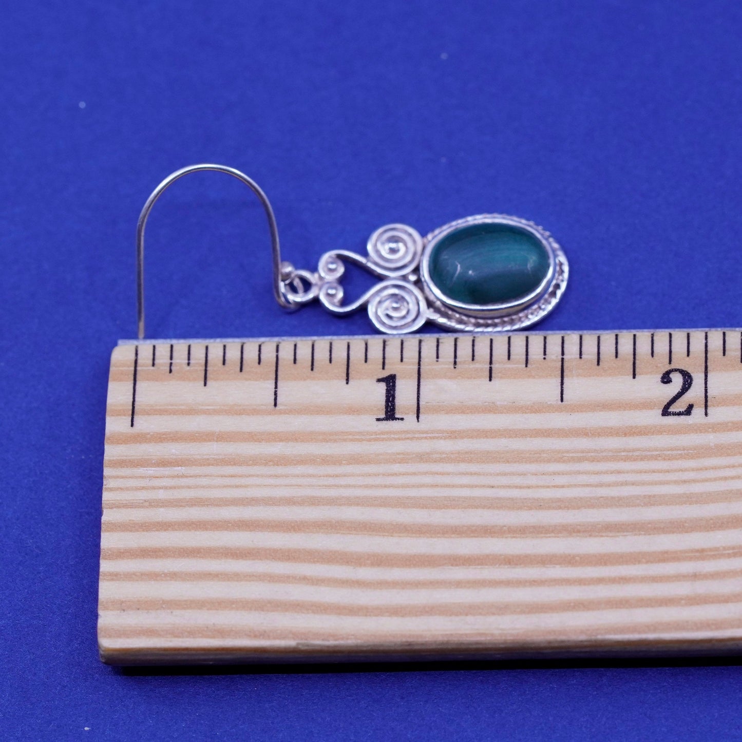 Vintage mexico sterling silver handmade earrings, 925 dangles oval malachite