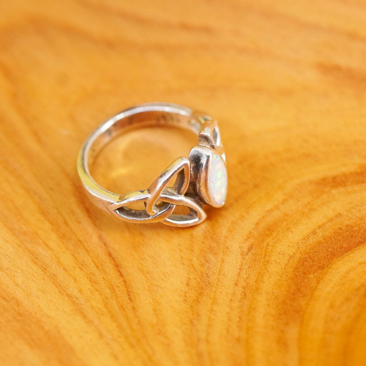 Size 4.75, vintage Irish Celtic knot Sterling 925 silver handmade ring w/ opal
