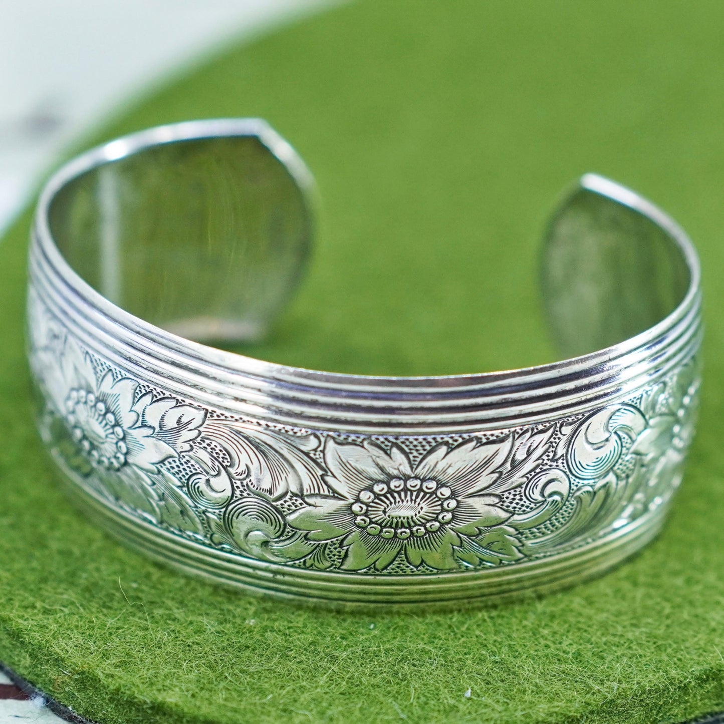 6”, danecraft sterling silver handmade bracelet, wide 925 floral textured cuff