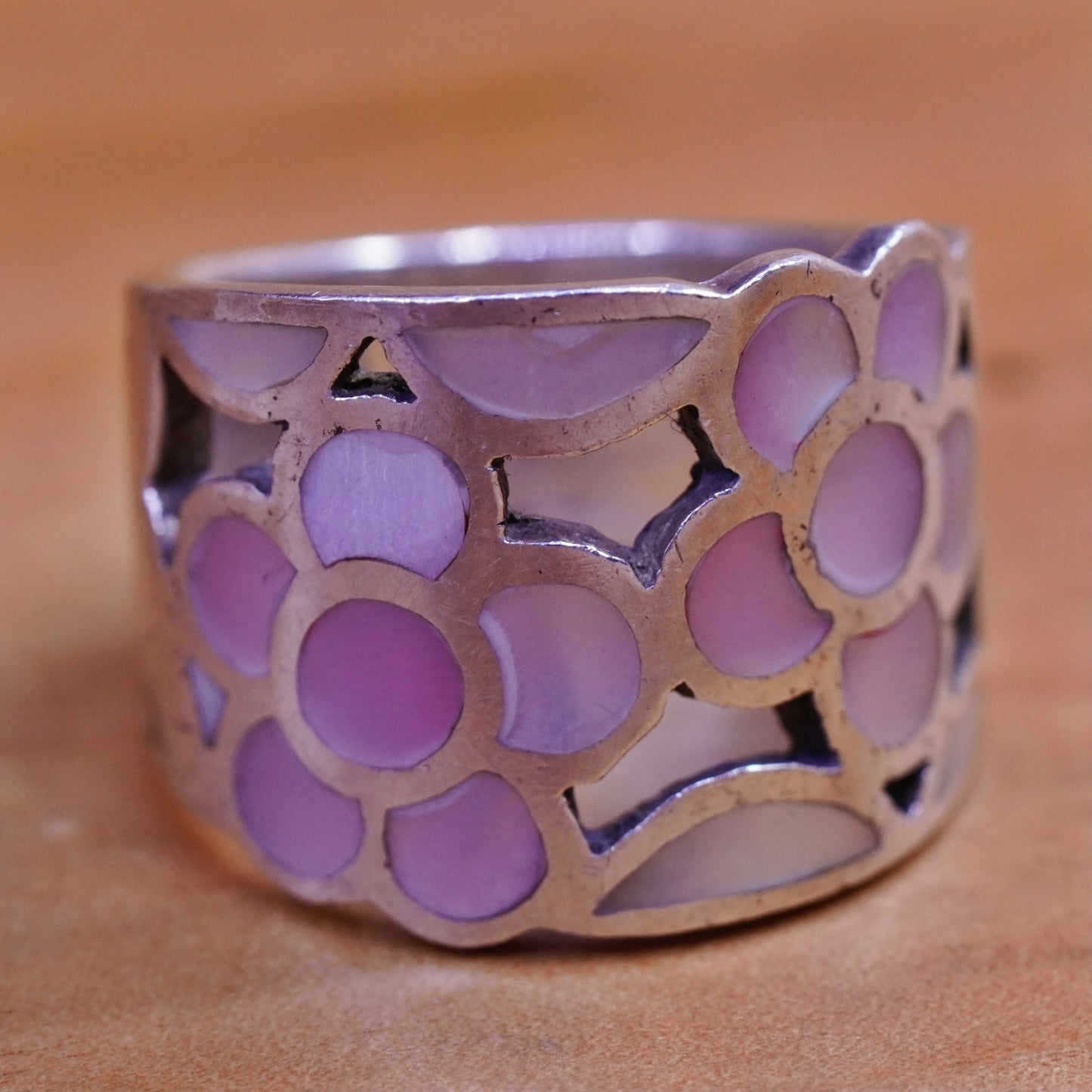 Size 6.5, Vintage Sterling silver handmade ring, 925 band with pink flower