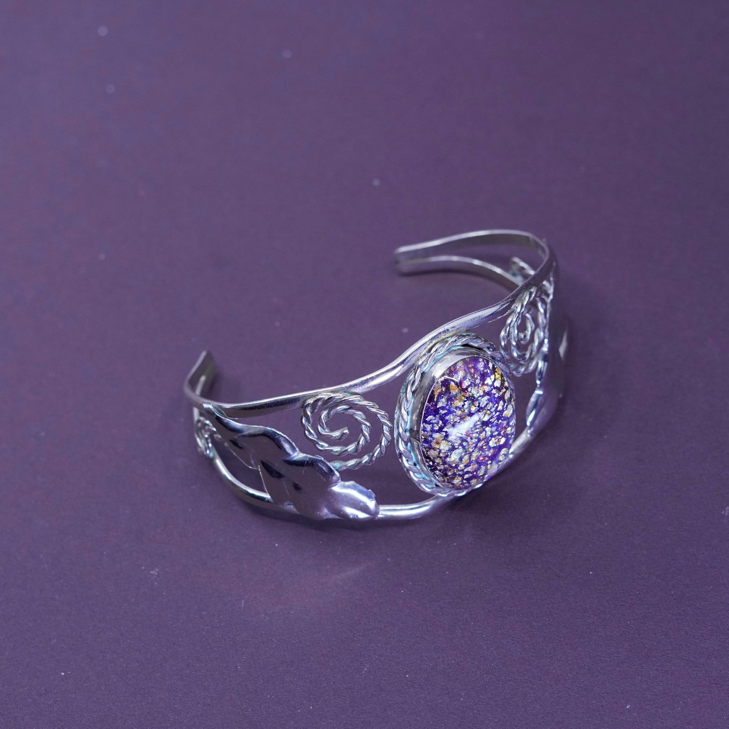7”, Vintage Sterling silver handmade bracelet, 925 swirl cuff with golden glass