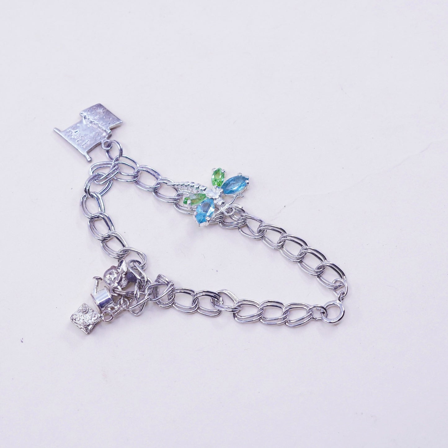 6.75”, sterling silver double curb chain 925 bracelet American flag shell charm