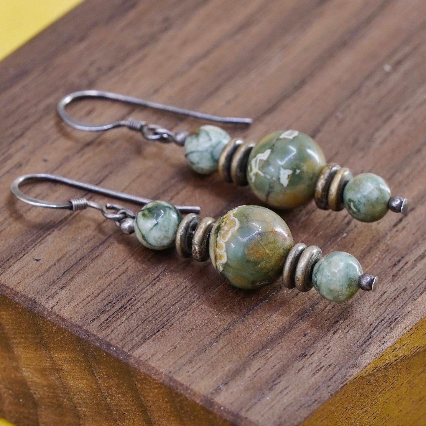 Vintage Sterling 925 silver handmade dangles with green jasper beads