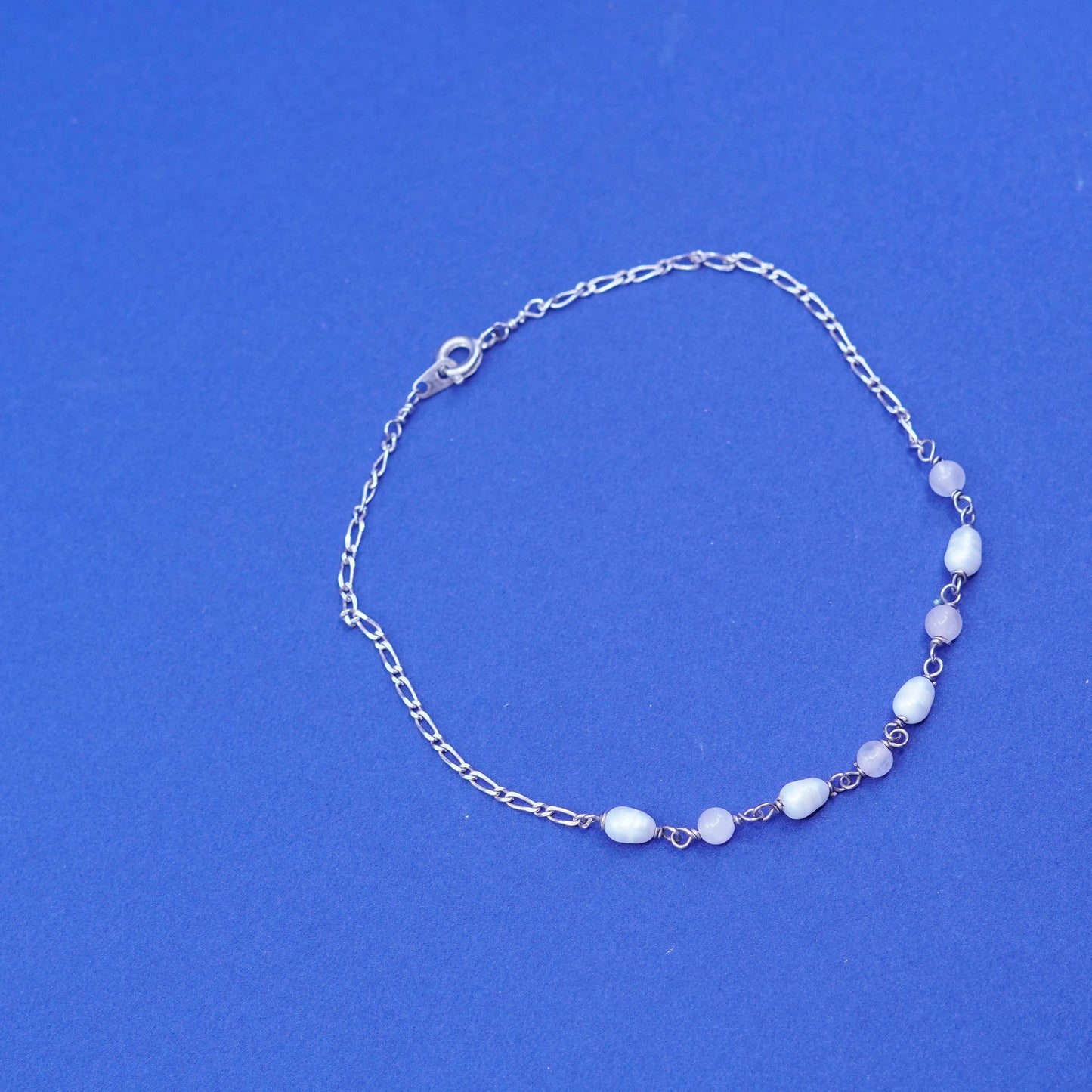 9”, Sterling silver handmade bracelet, 925 circle chain rose quart, pearl beads