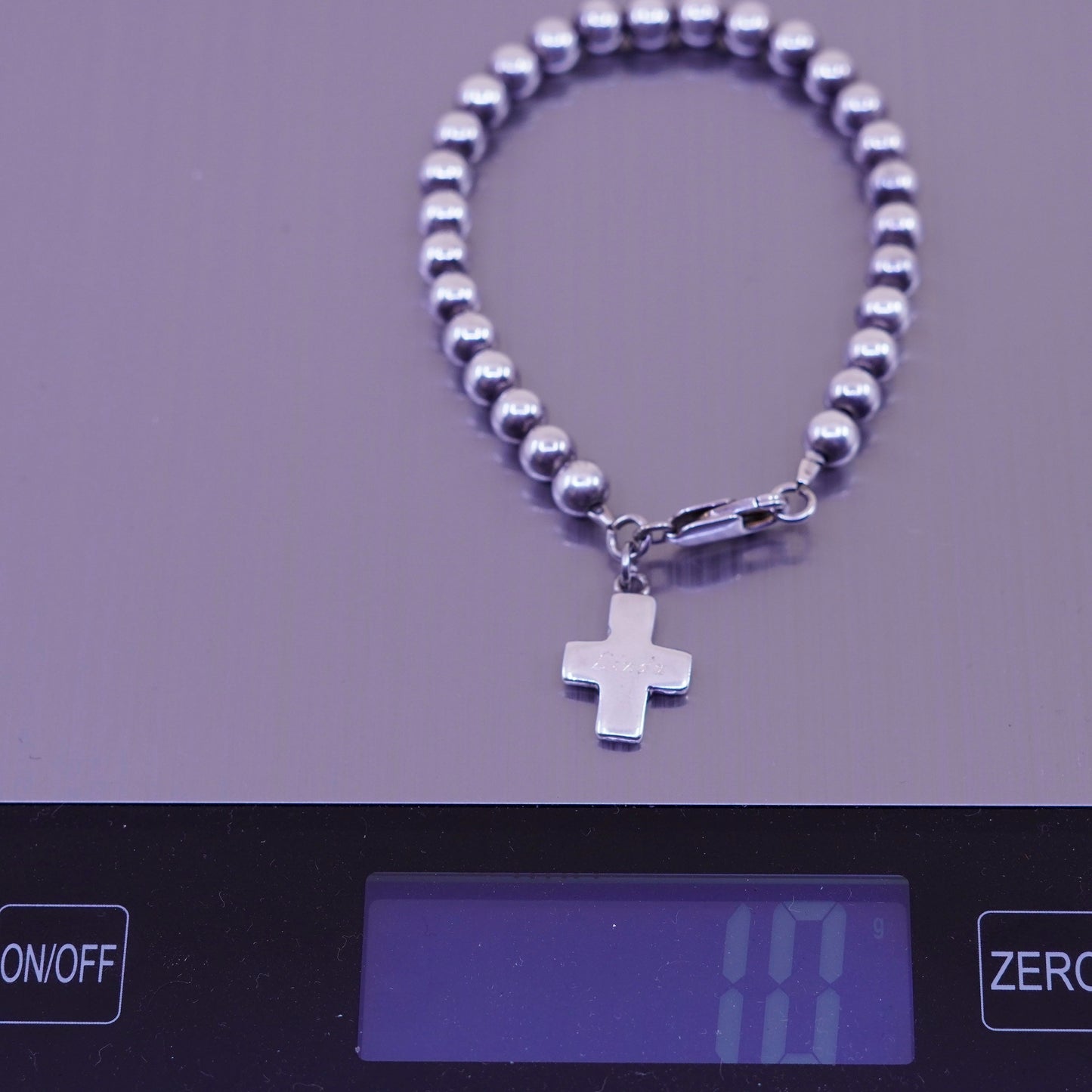 7”, Vintage sterling silver bracelet, 925 beads chain cross charm name “Linda
