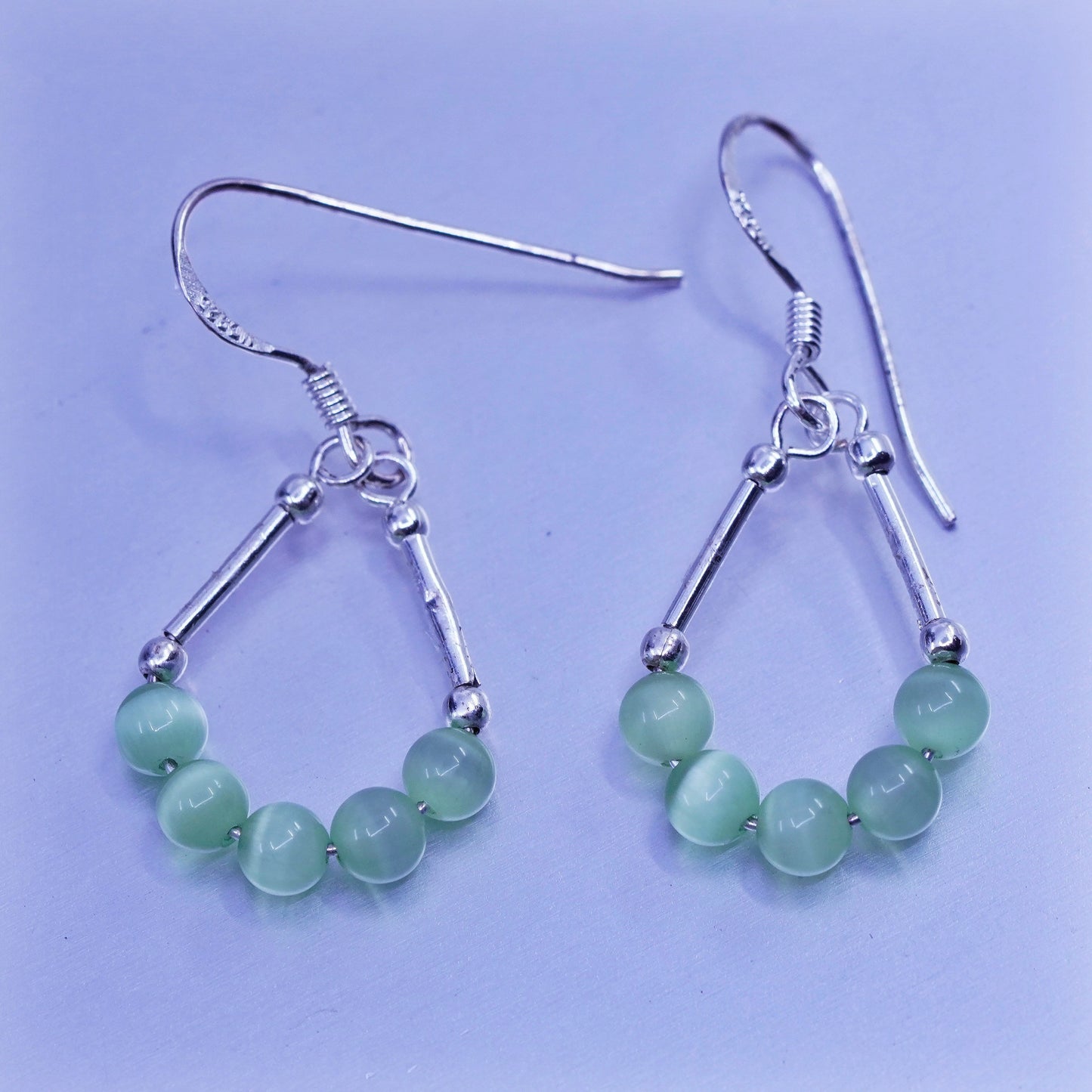 Vintage Sterling 925 silver teardrop earrings with green cats eye beads