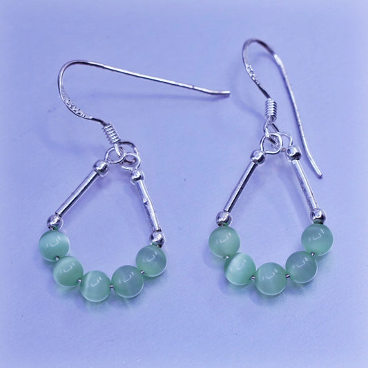 Vintage Sterling 925 silver teardrop earrings with green cats eye beads
