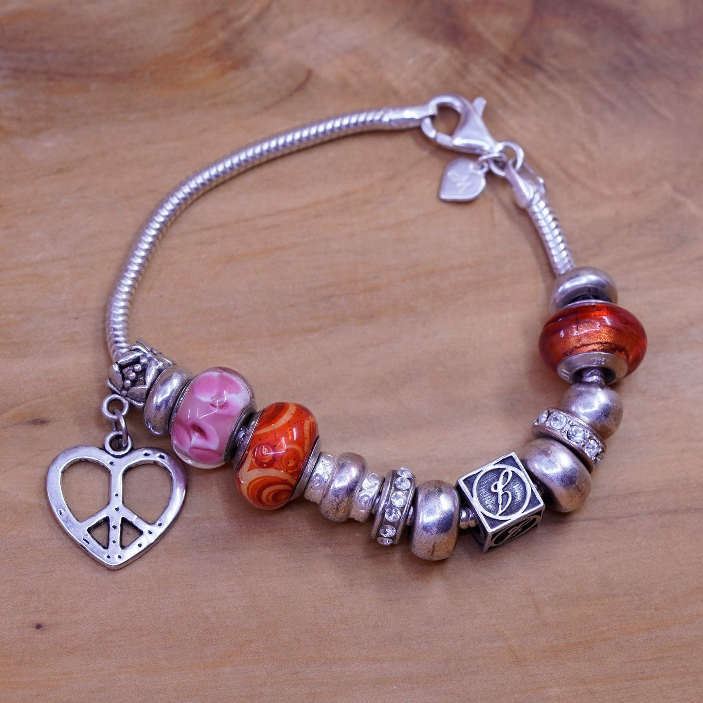 6.5”, sterling silver bracelet, 925 snake chain murano glass initial J beads