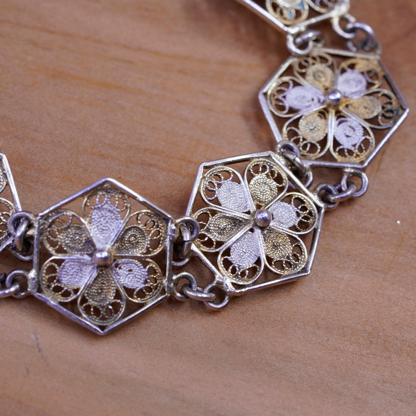 7”, vtg Germany 800 Sterling silver handmade bracelet, filigree floral chain