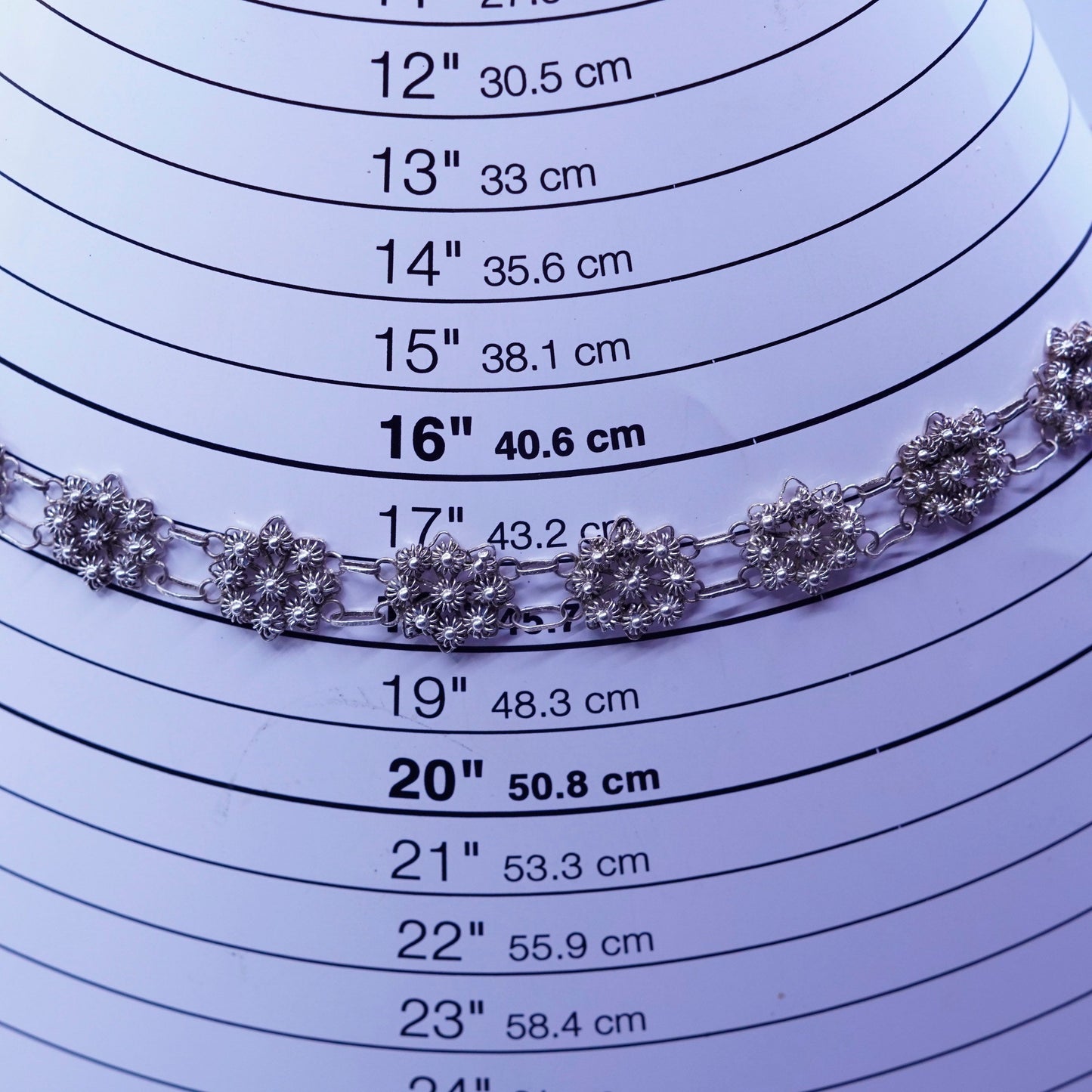 18”, vintage southwestern Sterling 925 silver handmade filigree flower necklace
