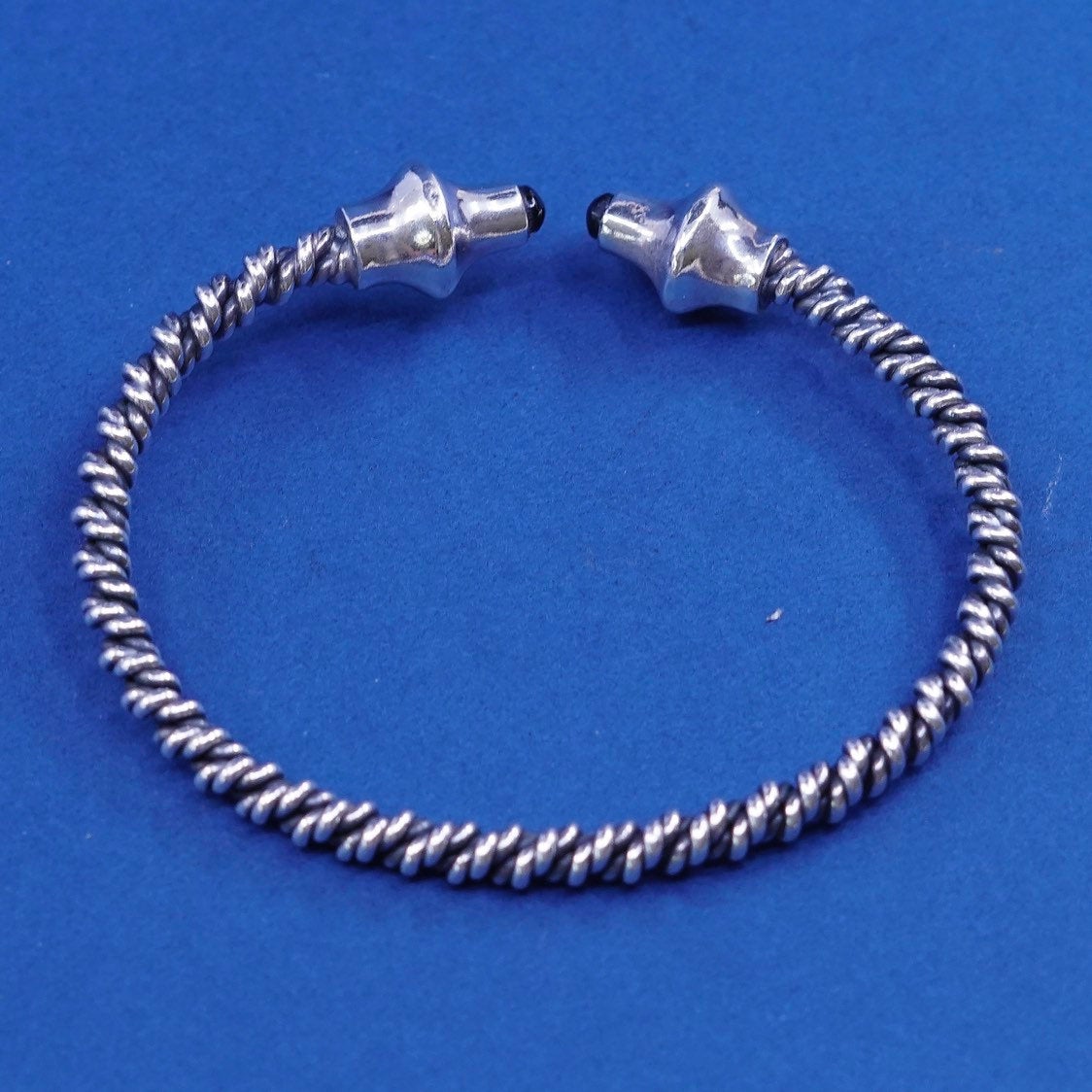 7", sterling silver handmade bracelet, 925 twisted cable cuff w/ obsidian beads