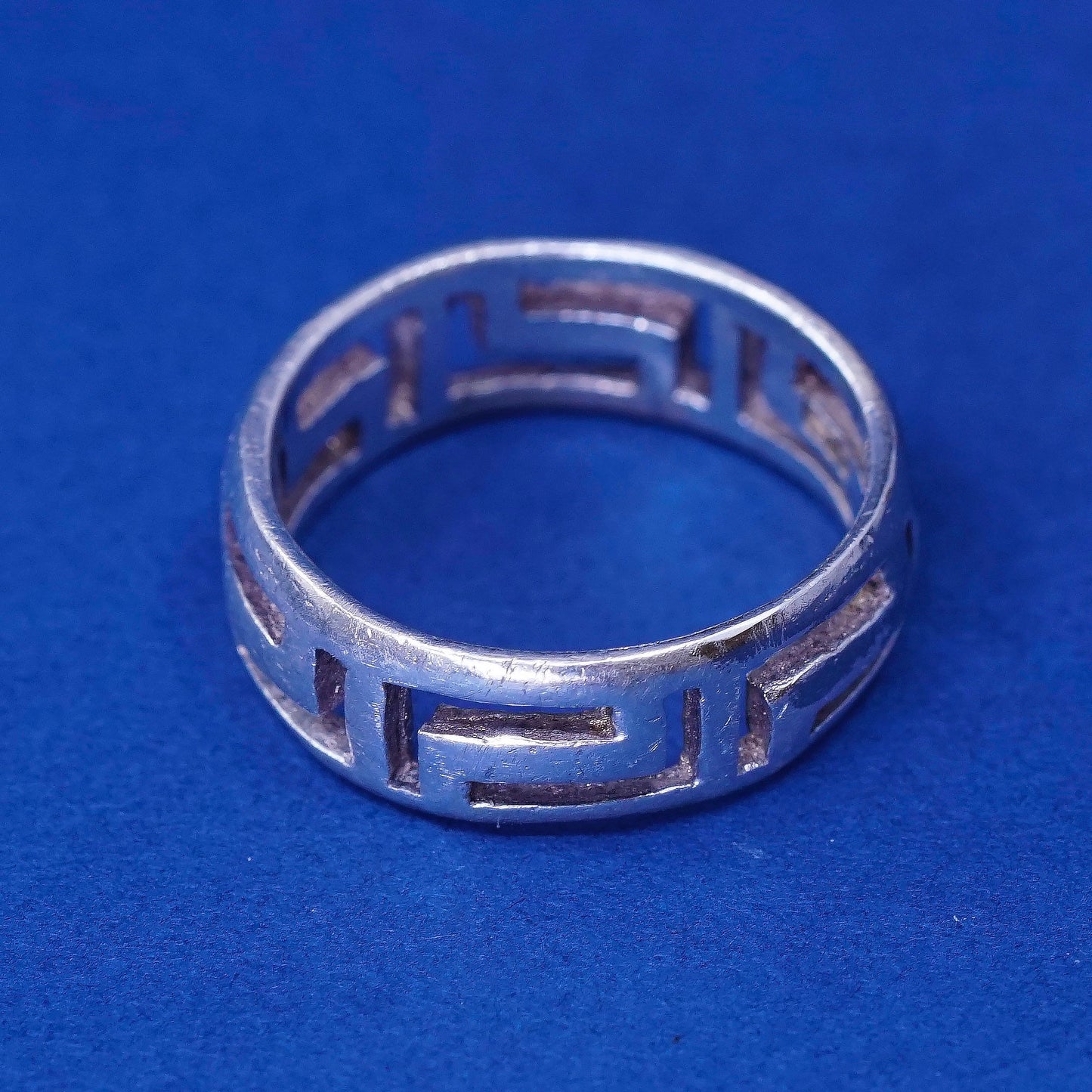 sz 6.5, vtg Sterling silver handmade ring, 925 band w/ Greek key pattern