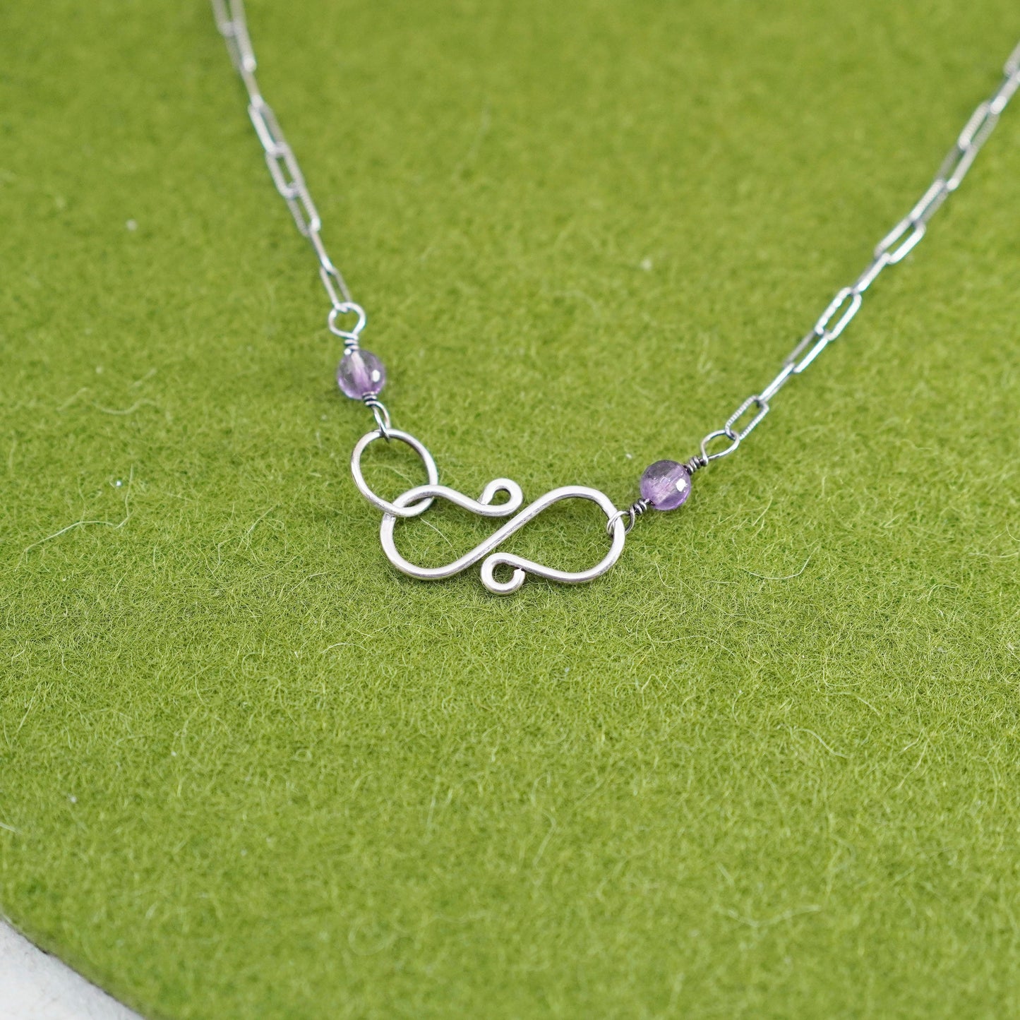 17” Sterling 925 silver necklace, elongated chain bunny rabbit pendant amethyst