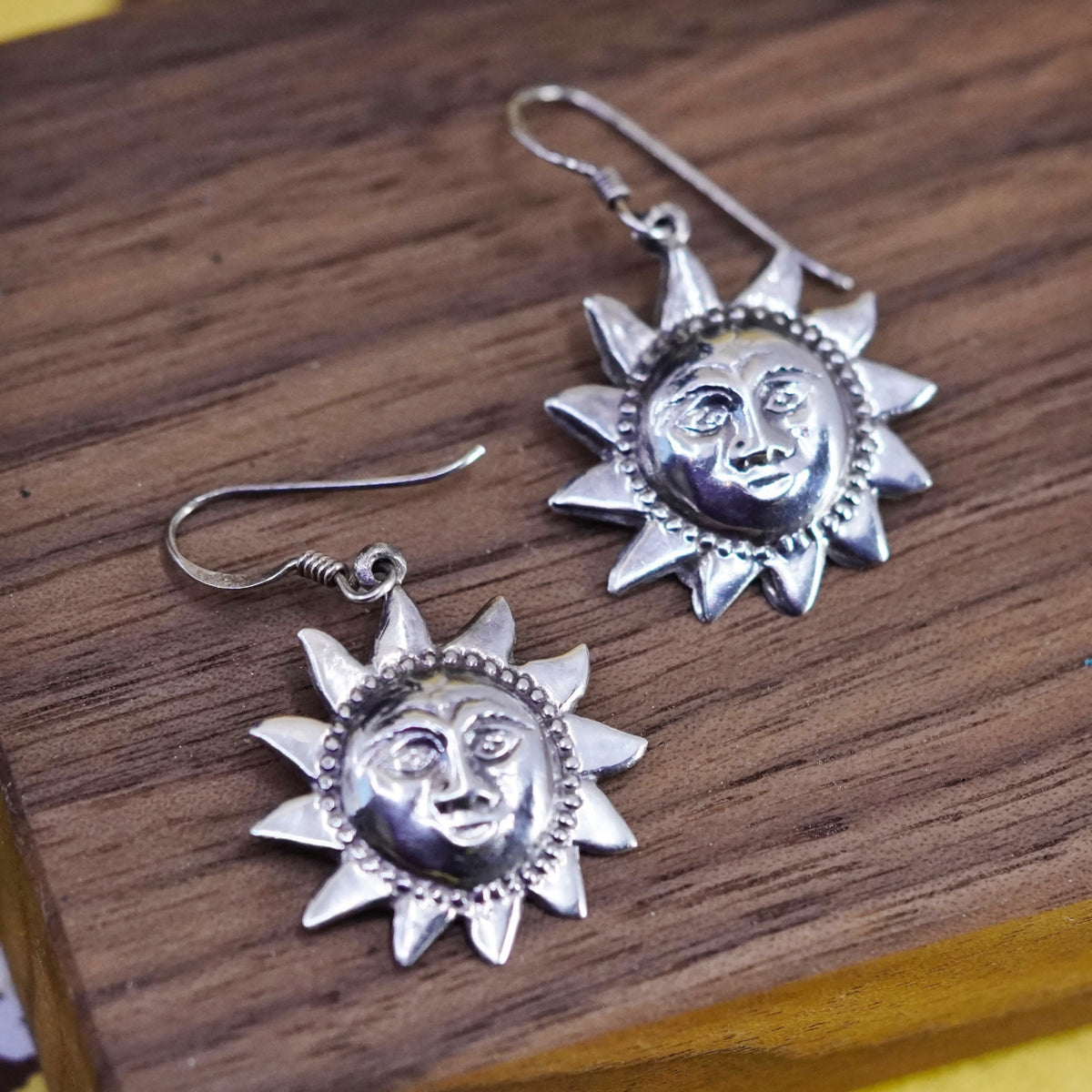 Vintage Sterling silver handmade earrings, 925 Sun face drops