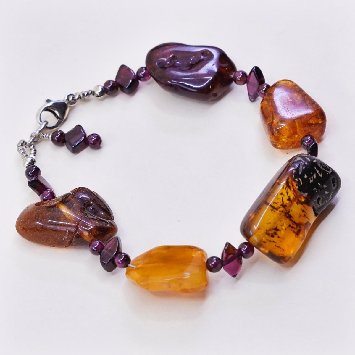 6.5”, Vintage sterling 925 silver handmade bracelet with honey amber nugget