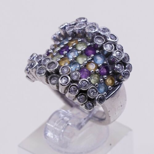 Sz 7.25, Vtg Sterling 925 silver Statement ring W/ Colorful Cluster Quartz